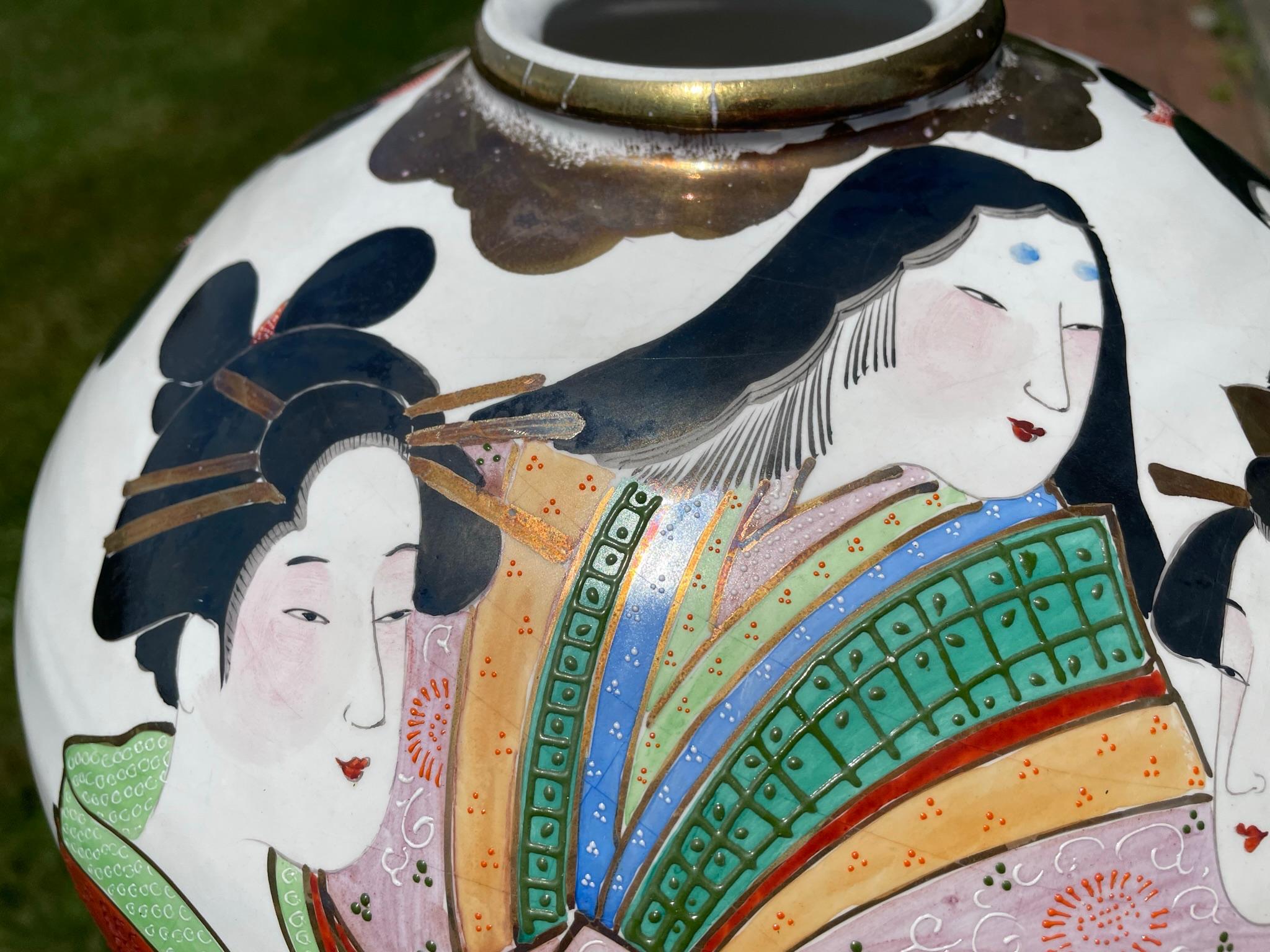20th Century Japanese Extraordinary Geisha Kimono Ladies Hand Painted Vase 