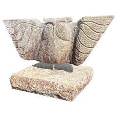Japanese Extraordinary Hand Carved Granite Owl Garden Sculpture With Base
