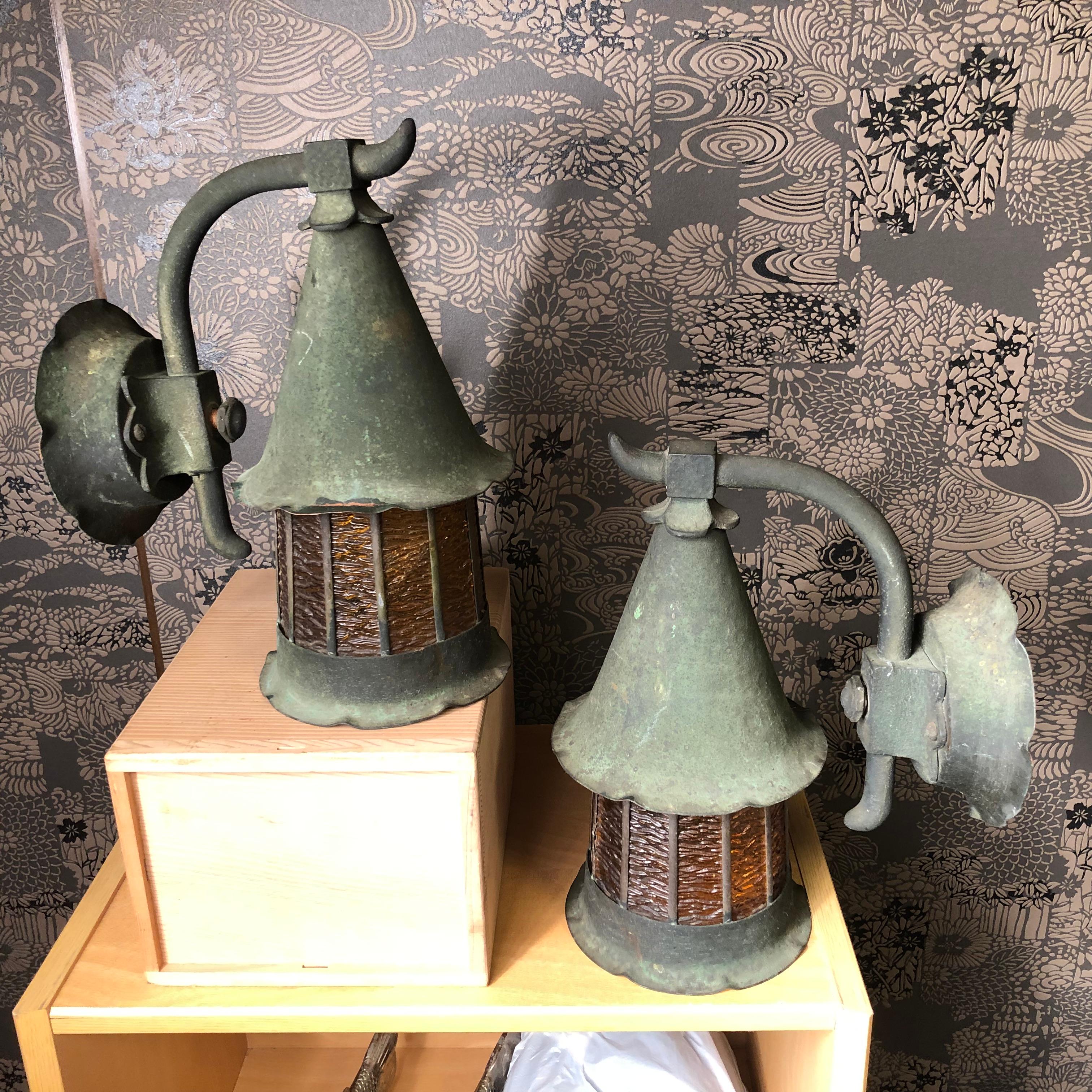 Japanese Extraordinary Pair of Antique Bronze Light Fixtures Sconces, 1920s 8
