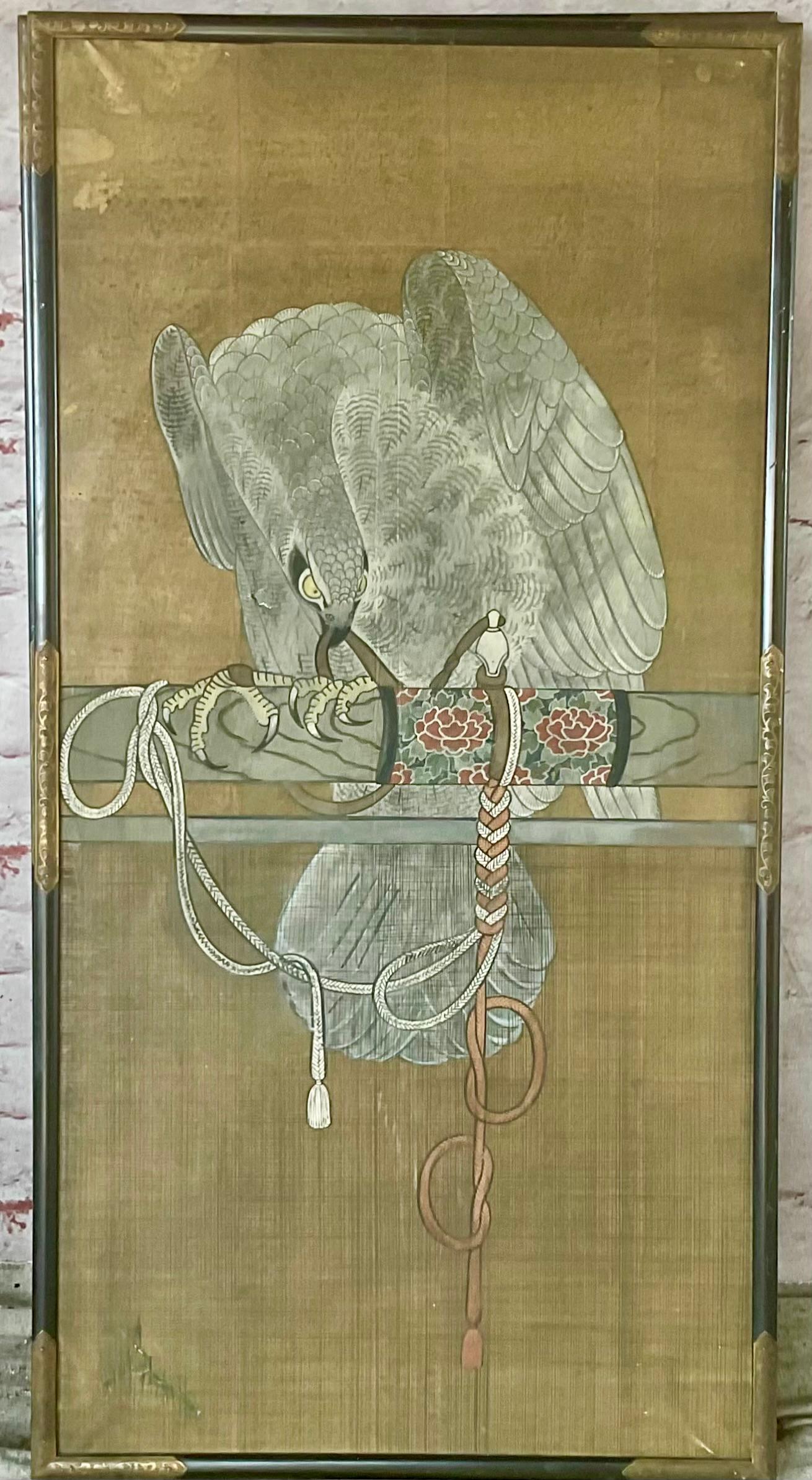 Other Japanese Falconry Watercolor Panels, Set of Three For Sale