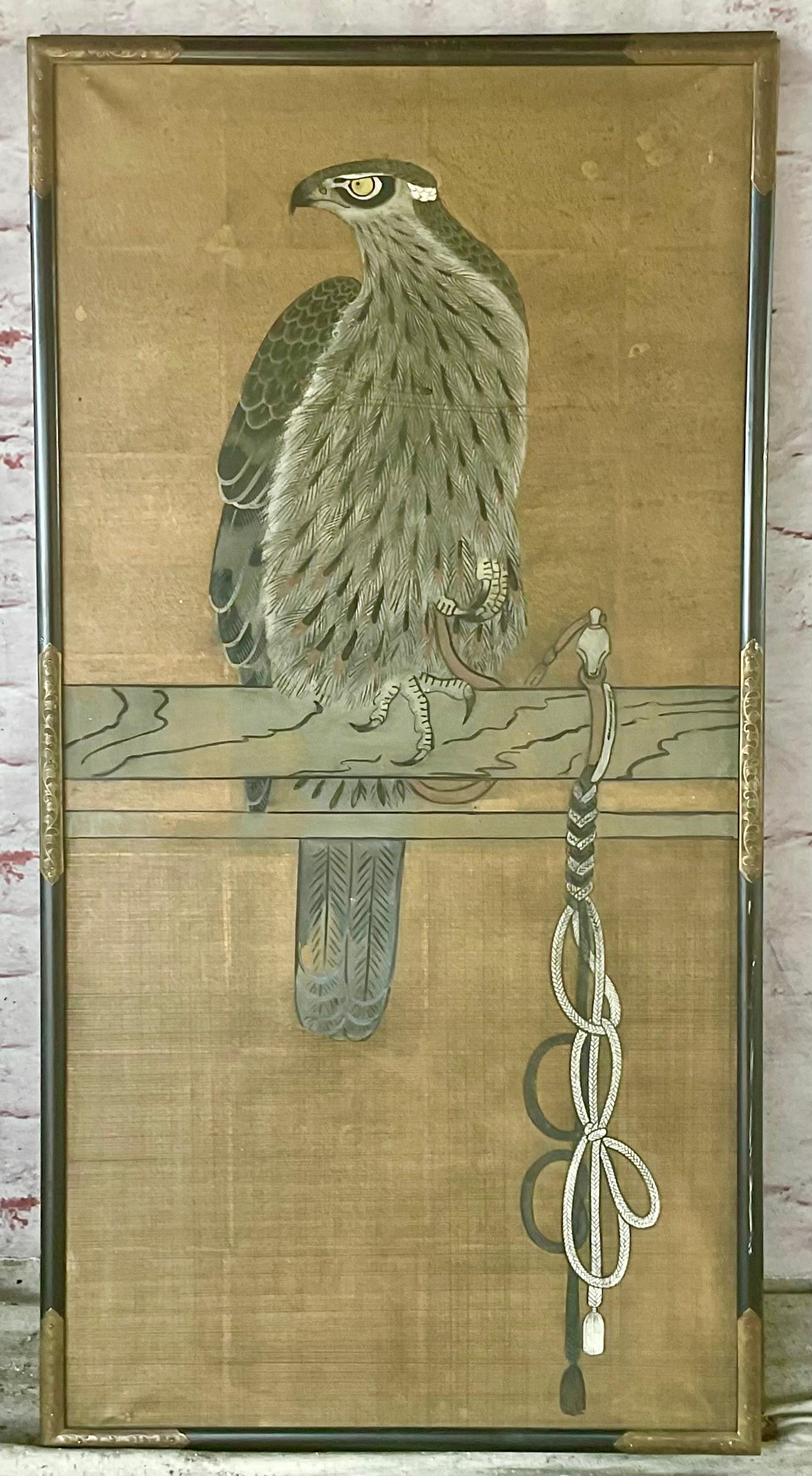 Japanese Falconry Watercolor Panels, Set of Three In Good Condition For Sale In Bradenton, FL