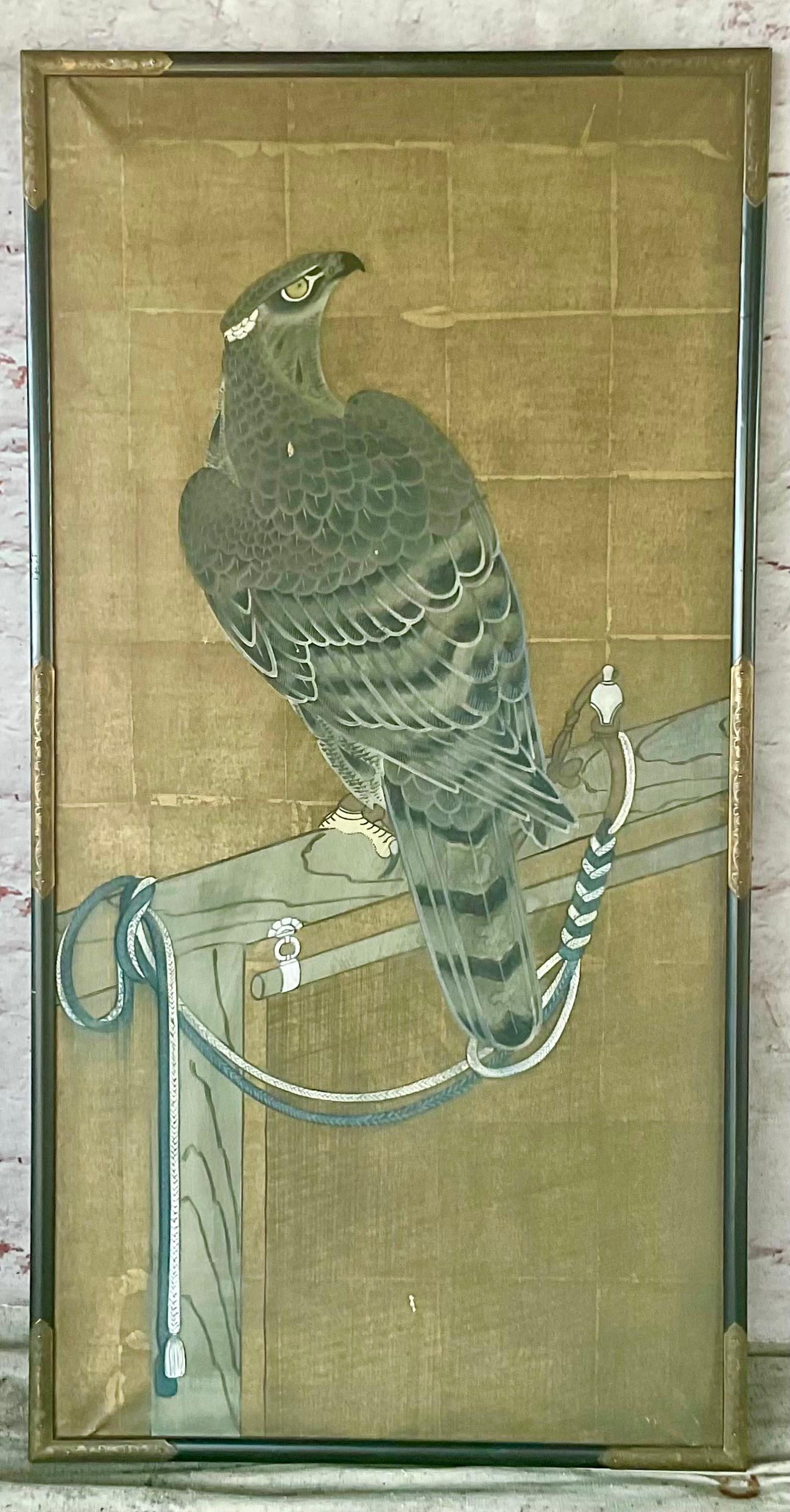 20th Century Japanese Falconry Watercolor Panels, Set of Three For Sale