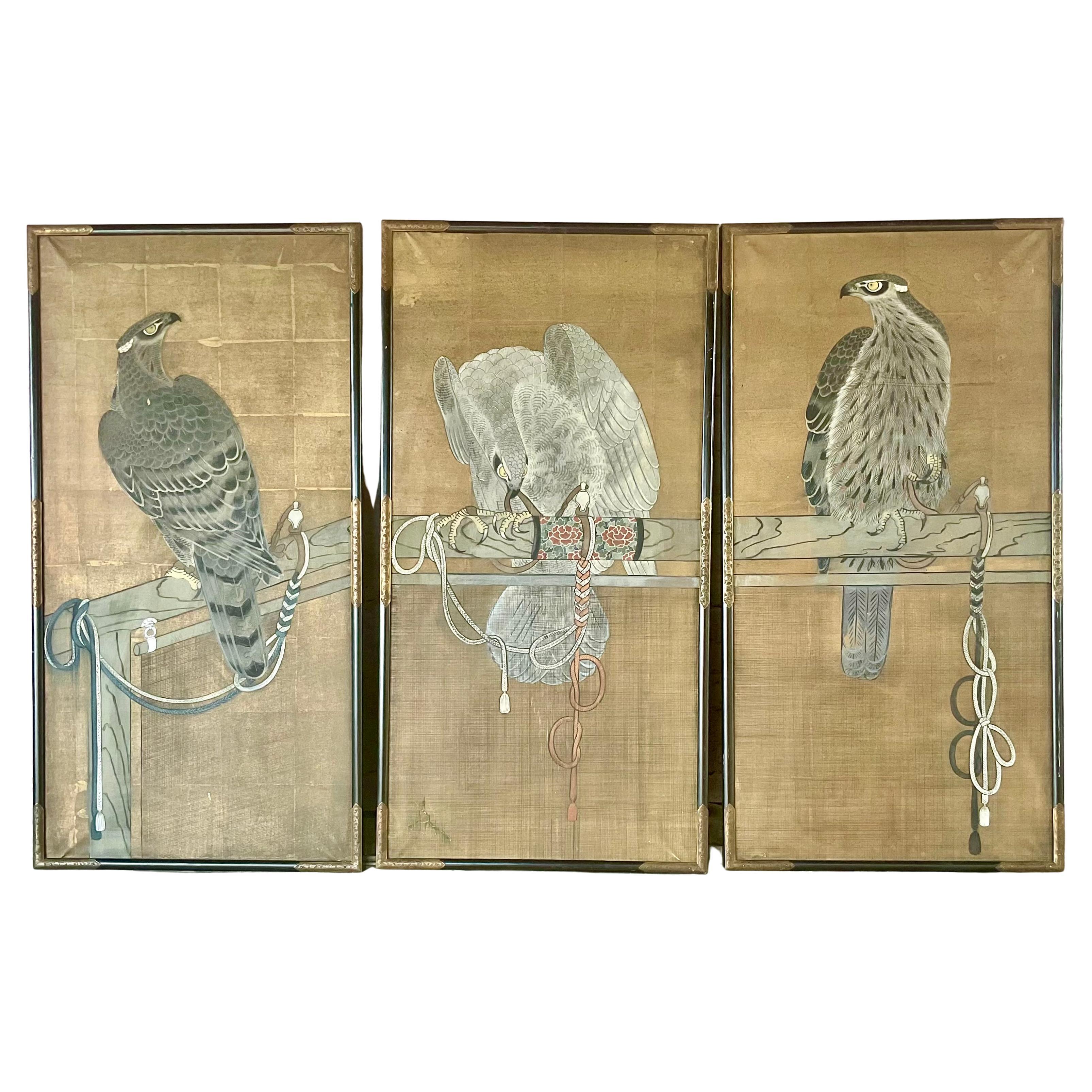 Japanese Falconry Watercolor Panels, Set of Three For Sale