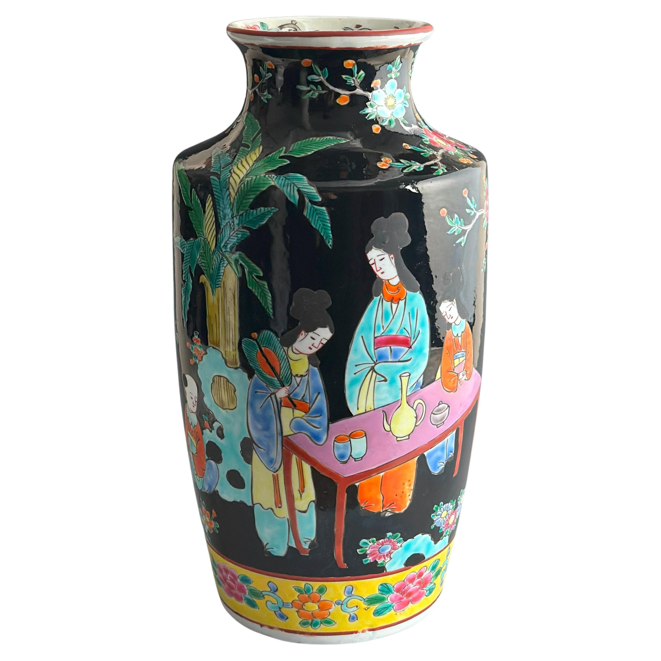 Japanese Famille Noire Porcelain Rouleau Vase by Yamatoku, Arita, 1950s en venta