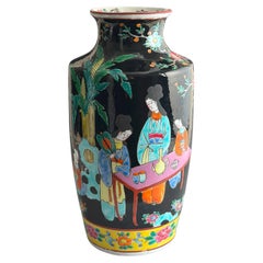 Japanese Famille Noire Porcelain Rouleau Vase by Yamatoku, Arita, 1950s