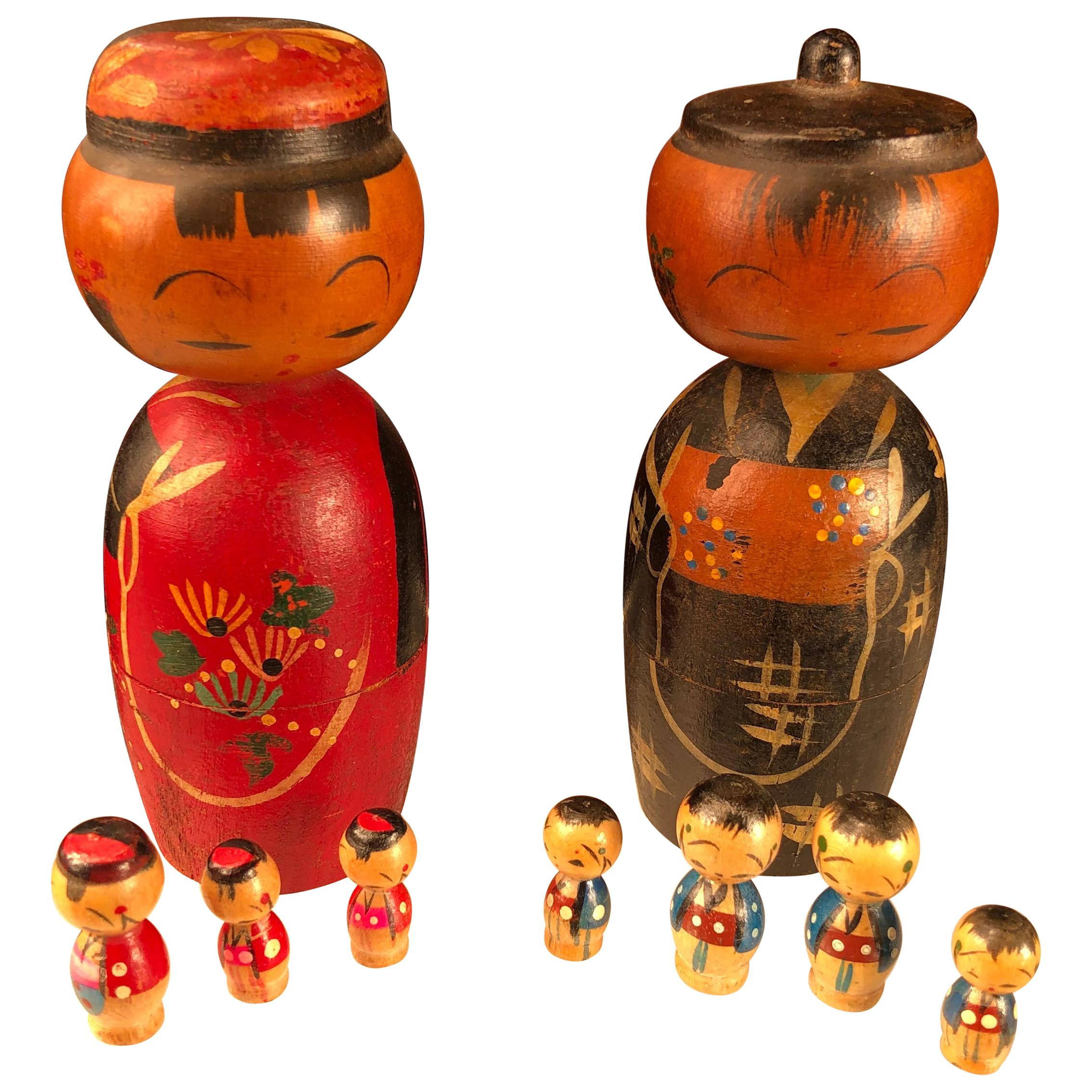 Japanese Family Nine Old "Kokeshi Dolls" Famous Bobble Heads and Children