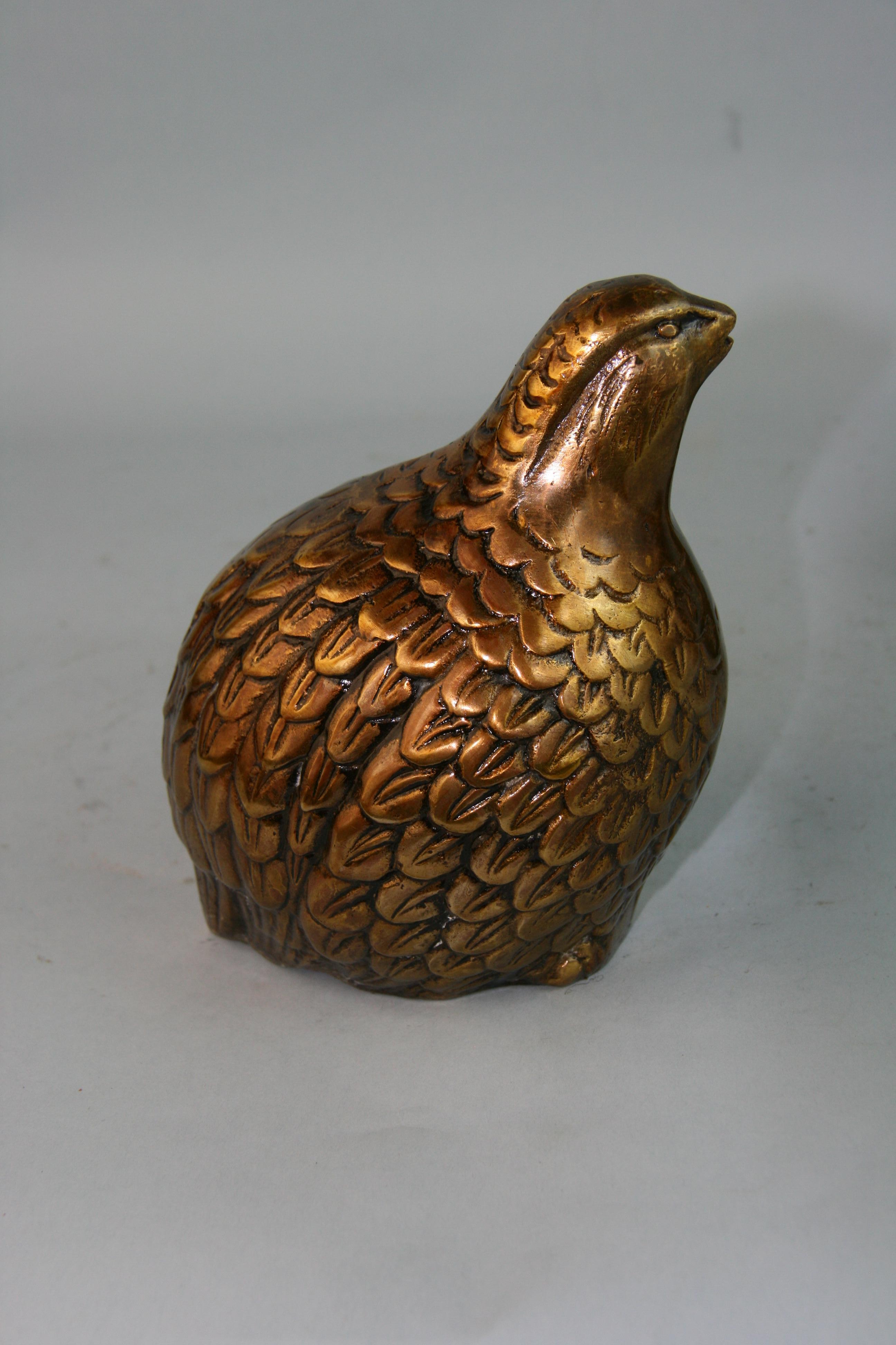Japanese Family of Three Brass Quail Sculptures, Fine Detail In Good Condition For Sale In Douglas Manor, NY