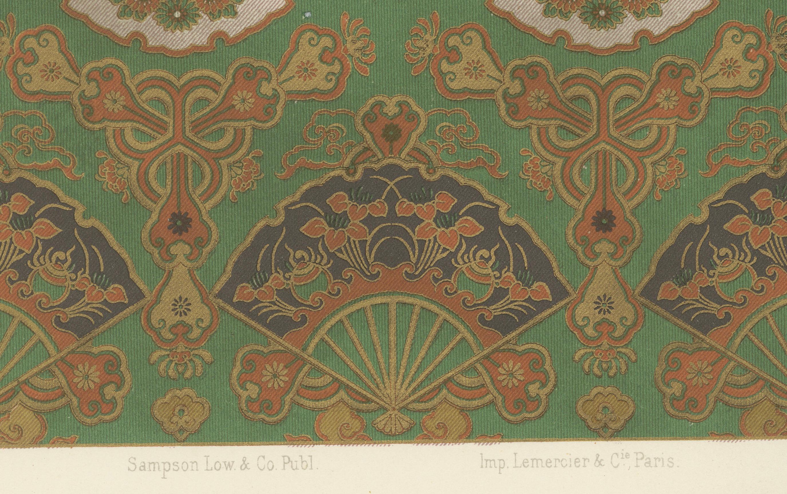 Titre : Motif de l'éventail japonais : Lithographie ancienne, années 1880

Cette élégante lithographie des années 1880 illustre magnifiquement l'art raffiné de la conception textile japonaise à travers un motif d'éventail complexe. Publié par