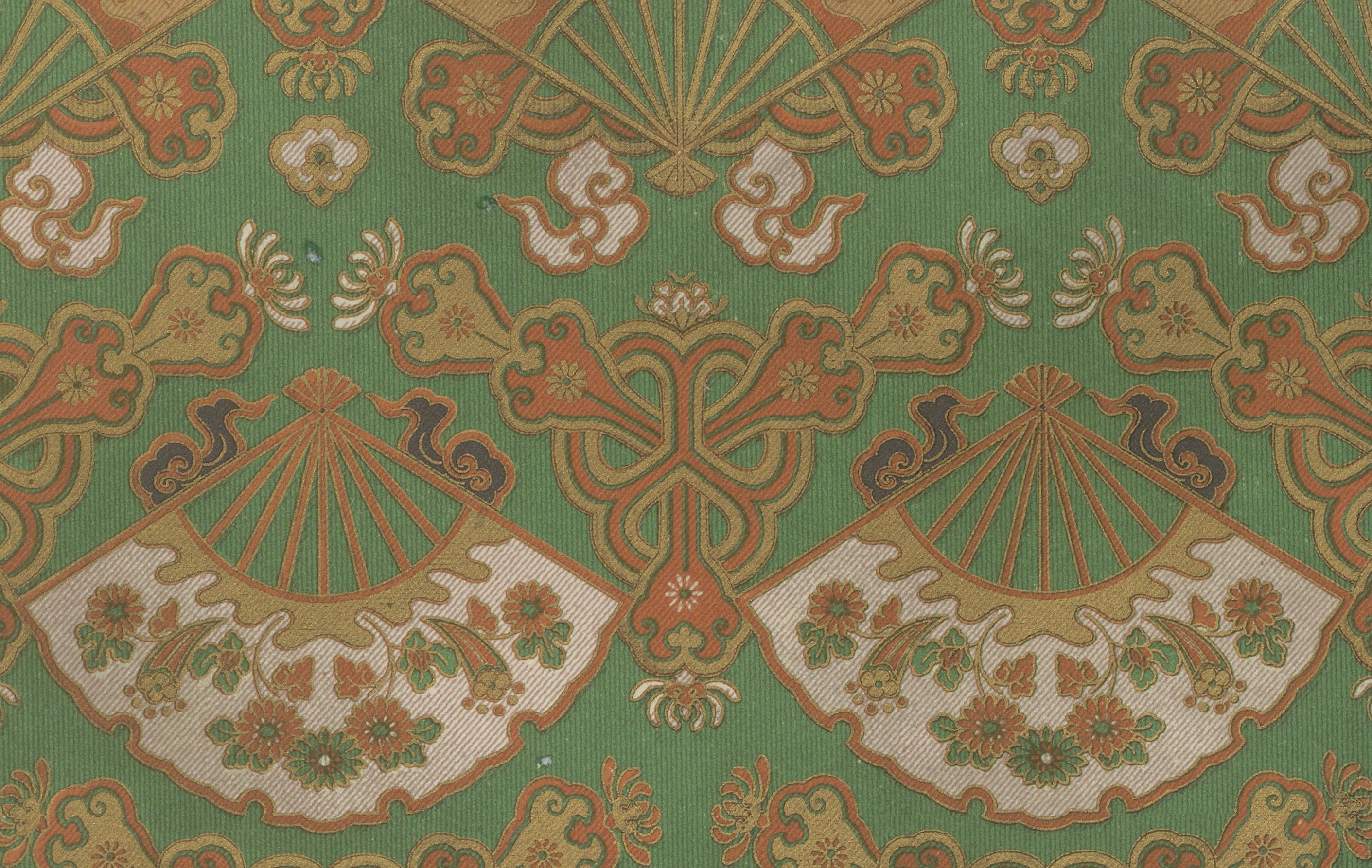 Motif d'éventail japonais, design textile : Lithographie ancienne, années 1880 Bon état - En vente à Langweer, NL