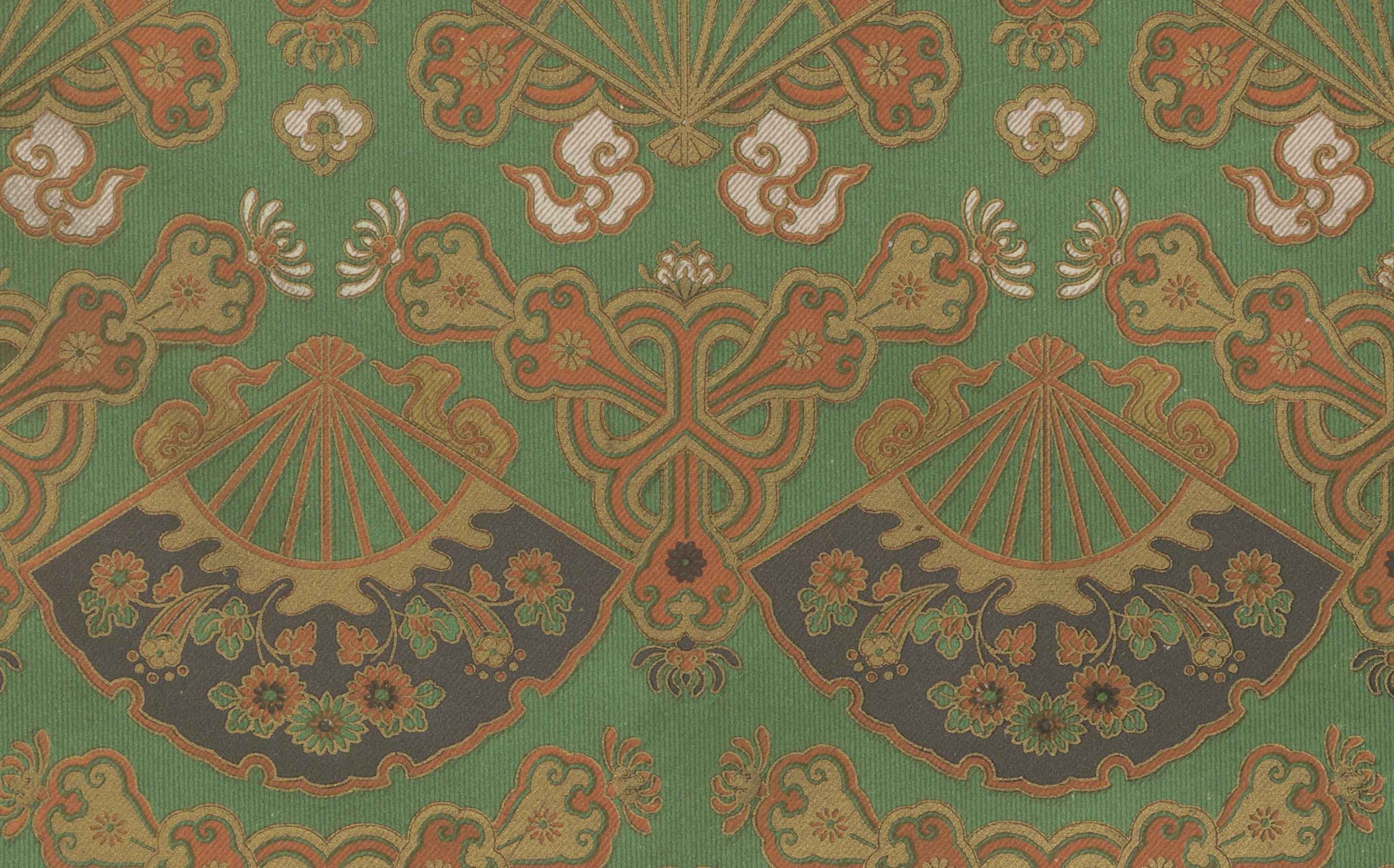 Fin du XIXe siècle Motif d'éventail japonais, design textile : Lithographie ancienne, années 1880 en vente