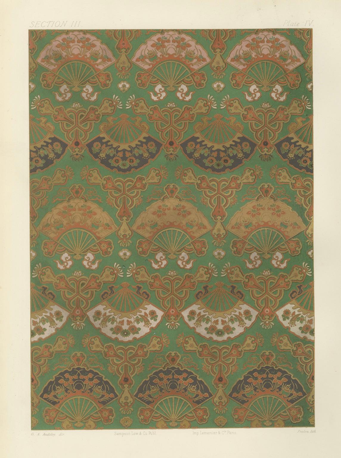 Motif d'éventail japonais, design textile : Lithographie ancienne, années 1880 en vente 1