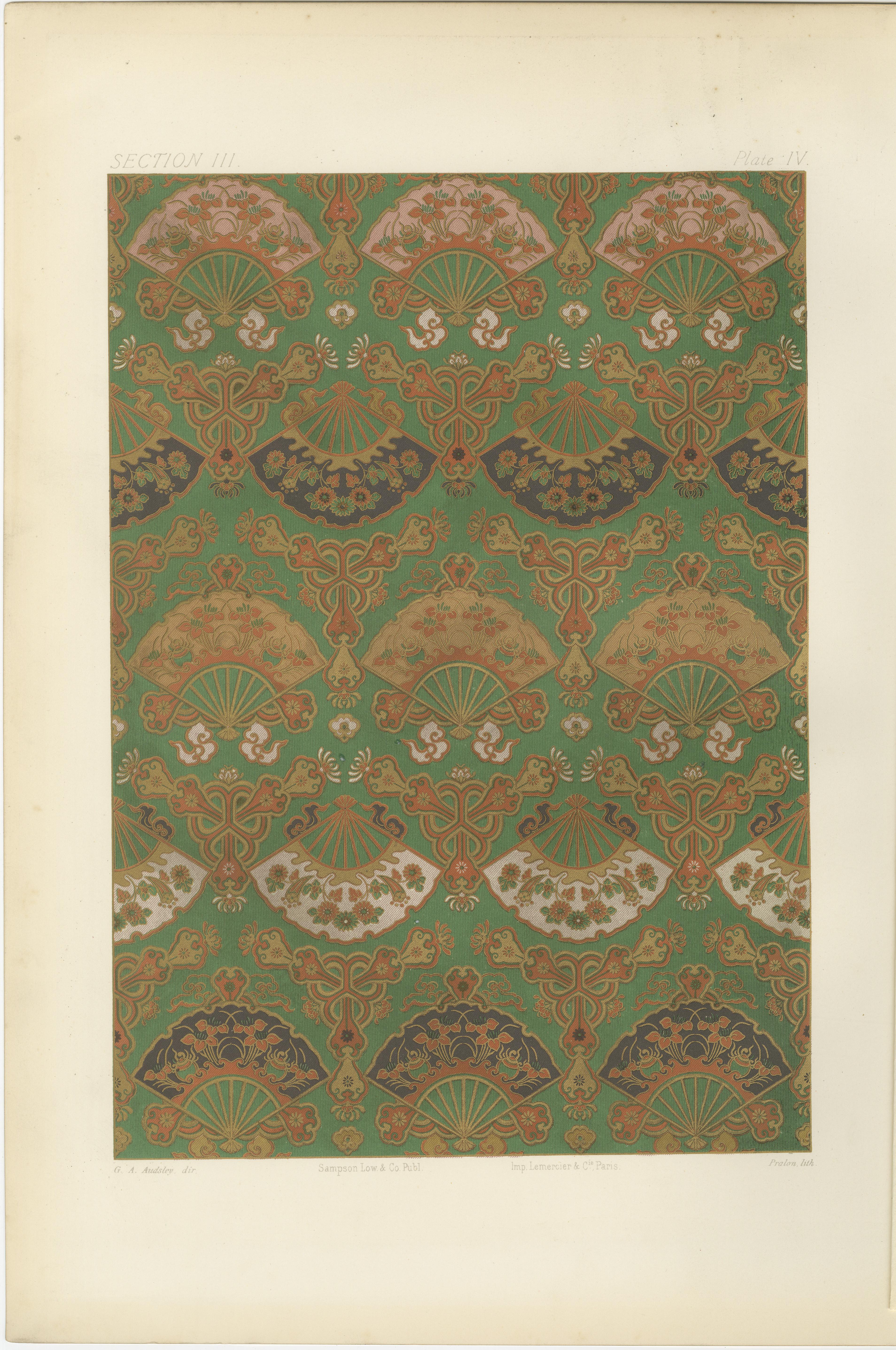 Motif d'éventail japonais, design textile : Lithographie ancienne, années 1880 en vente 2