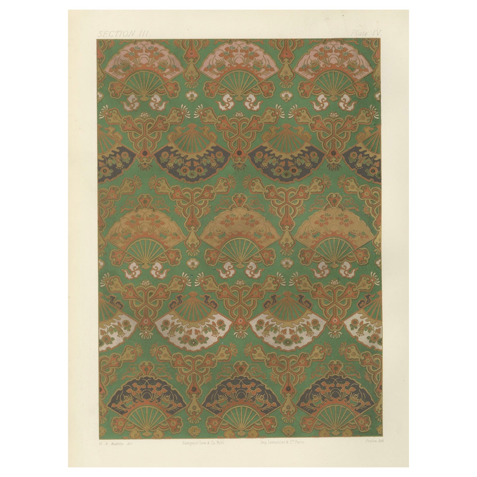 Motif d'éventail japonais, design textile : Lithographie ancienne, années 1880