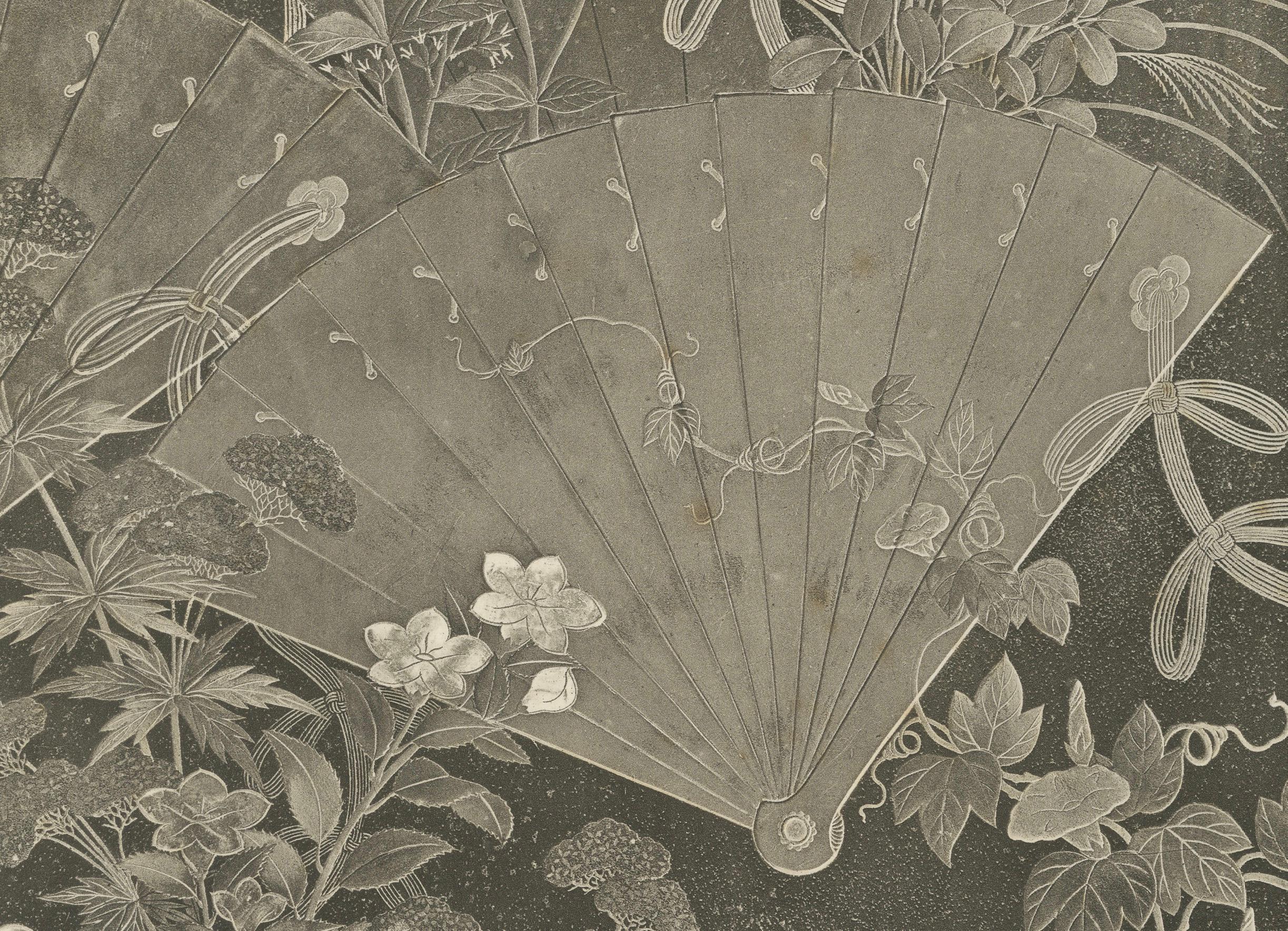 Abanicos japoneses y estampado floral en heliograbado de G. A. Audsley, París, c. 1880 Fines del siglo XIX en venta