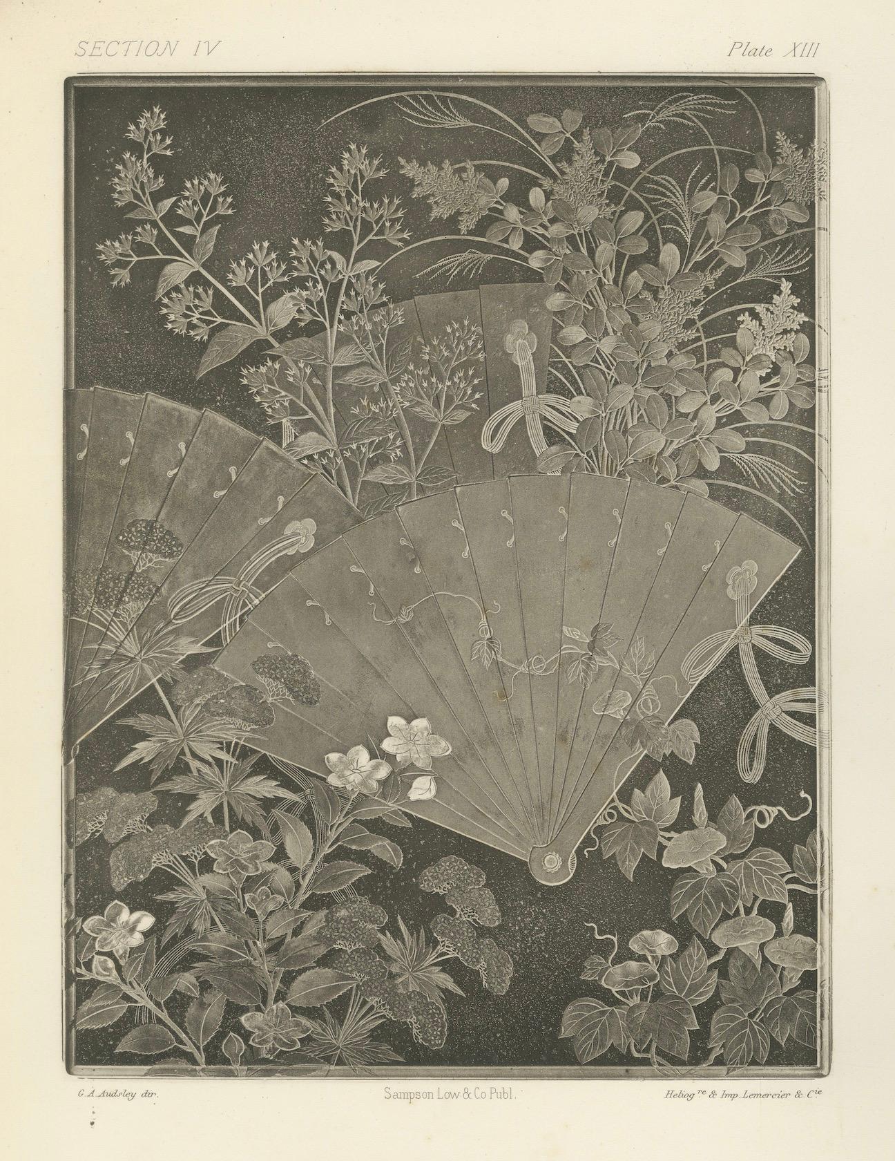 Abanicos japoneses y estampado floral en heliograbado de G. A. Audsley, París, c. 1880 en venta 1