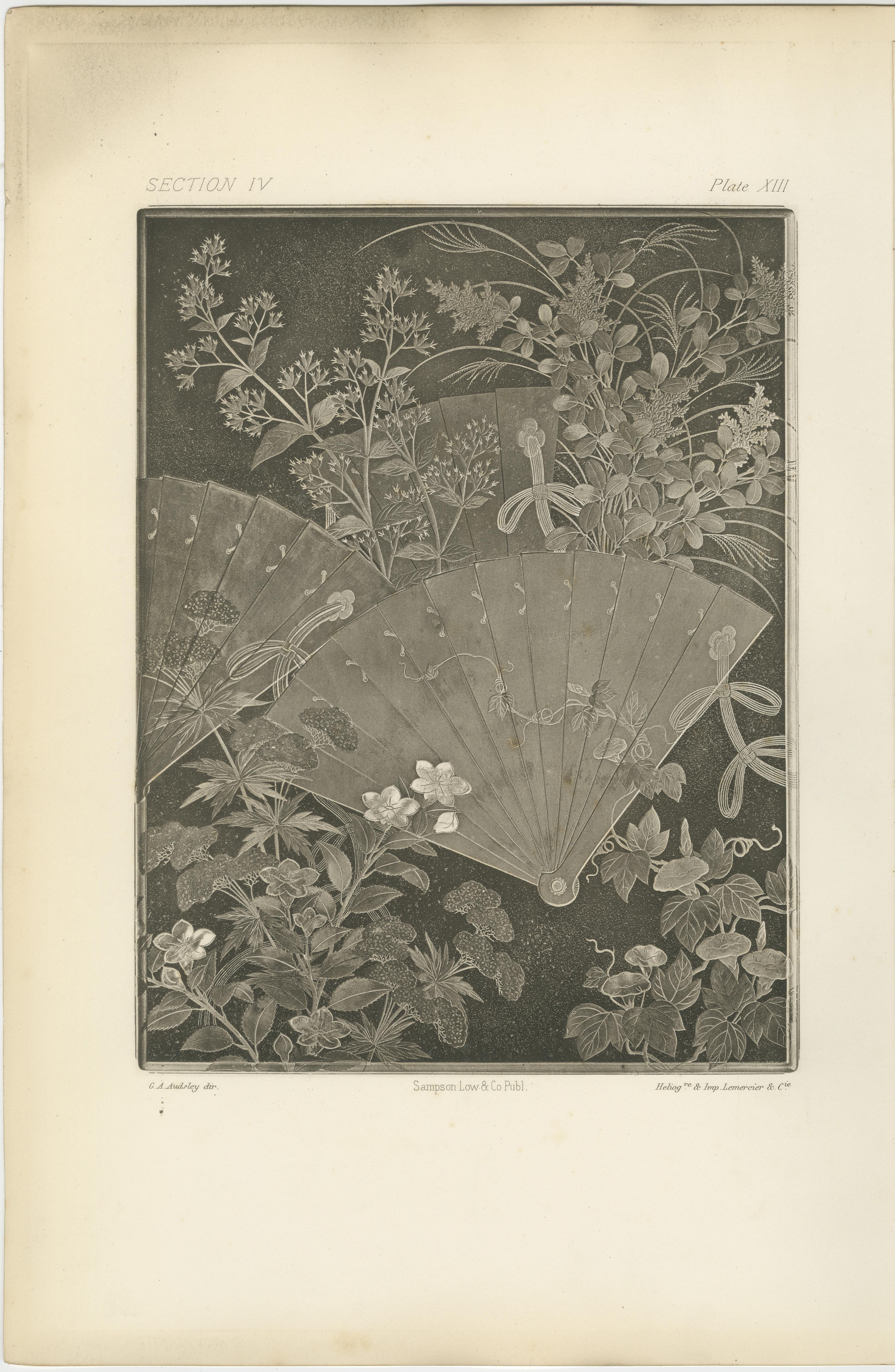 Abanicos japoneses y estampado floral en heliograbado de G. A. Audsley, París, c. 1880 en venta 2