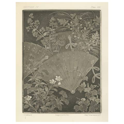 Japanese Fans and Floral Heliogravure Print by G. A. Audsley, Paris, c. 1880