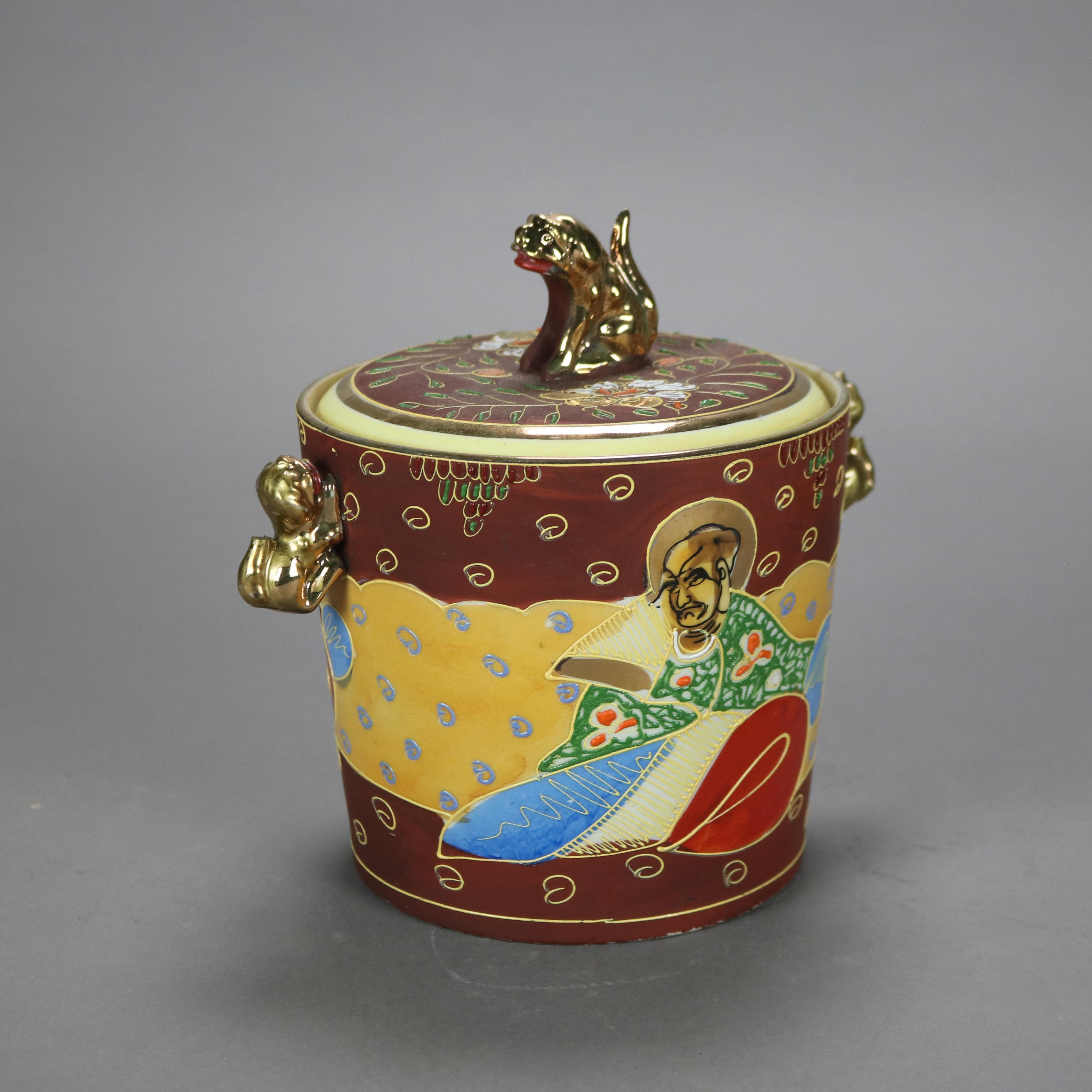 Gilt Japanese Figural Hand Painted Porcelain Ice Bucket with Wise Men & Foo Dog 20thC For Sale