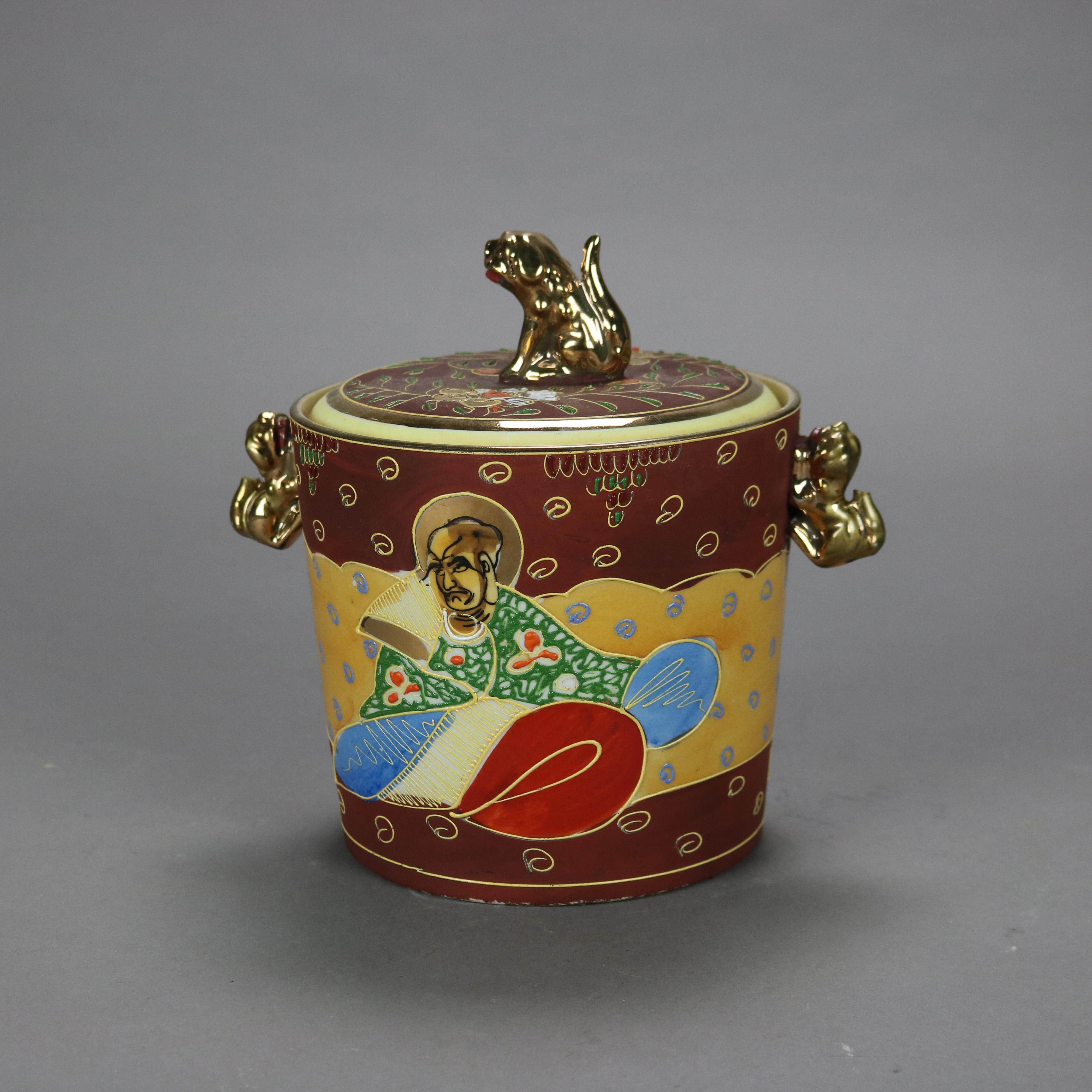 Japanese Figural Hand Painted Porcelain Ice Bucket with Wise Men & Foo Dog 20thC In Good Condition For Sale In Big Flats, NY