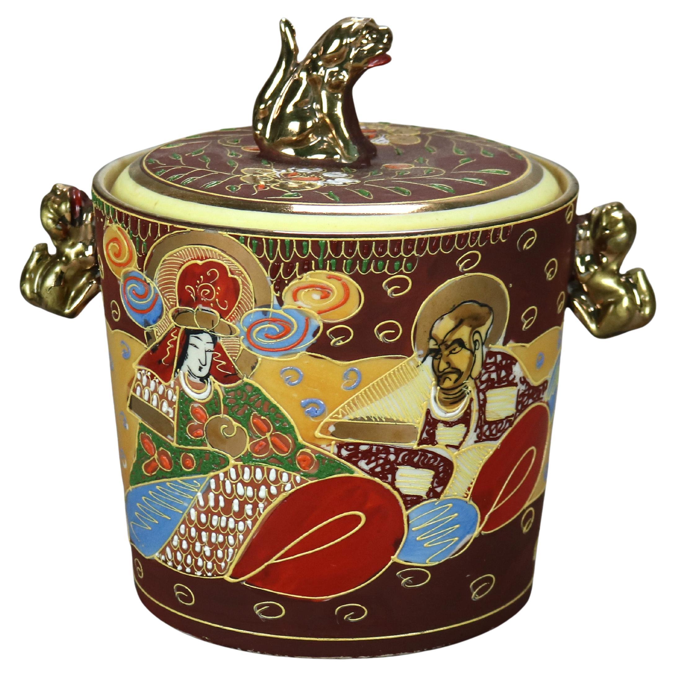 Japanese Figural Hand Painted Porcelain Ice Bucket with Wise Men & Foo Dog 20thC For Sale