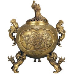 Japanese Figural Meiji Revival Bronze Censor, Foo Dogs, Chickens, Peacock Signed