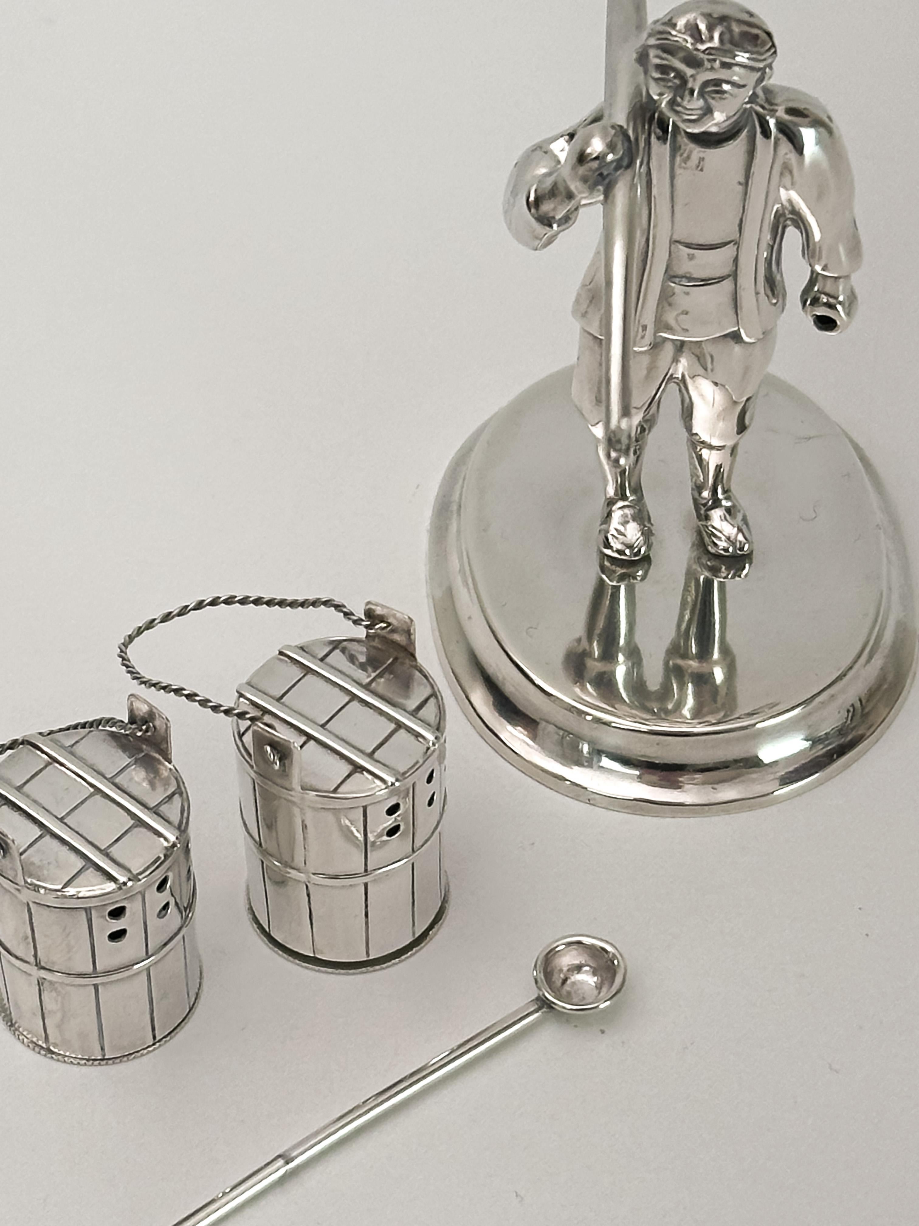 Hand-Crafted Salt and Pepper Set, Sterling Silver, Japanese Figural Man c.1950s