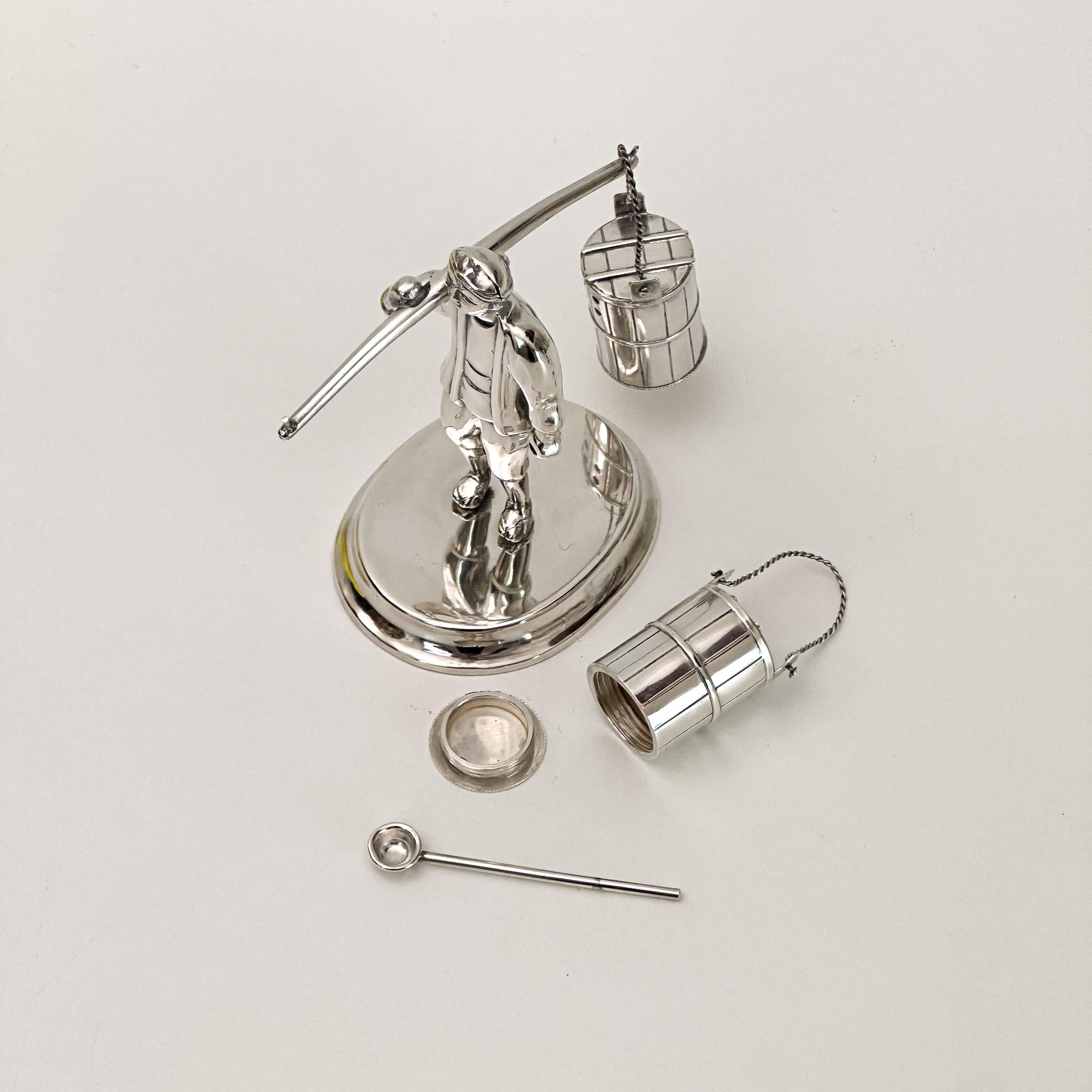 Salt and Pepper Set, Sterling Silver, Japanese Figural Man c.1950s In Good Condition In Glasgow, GB