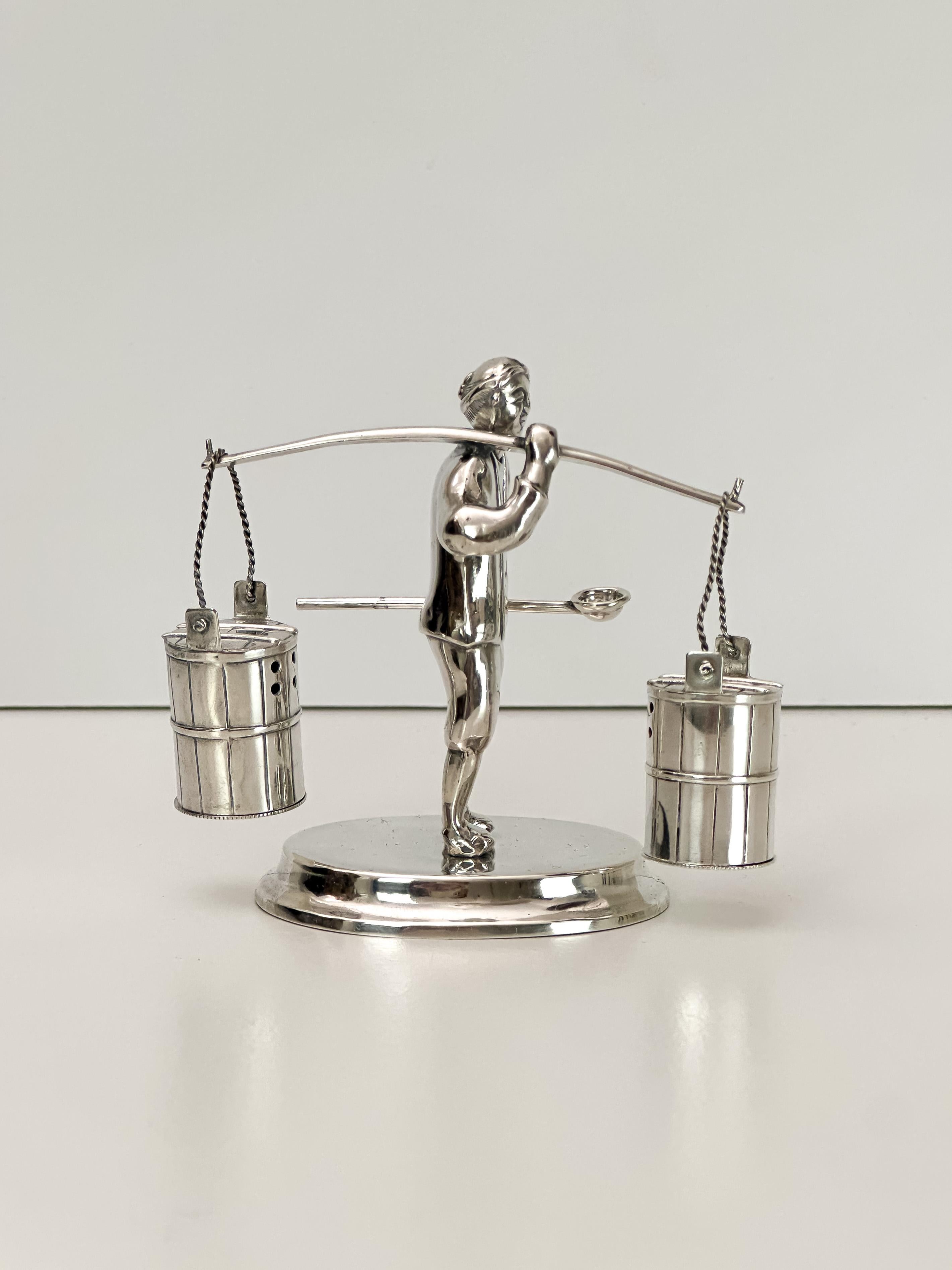 20th Century Salt and Pepper Set, Sterling Silver, Japanese Figural Man c.1950s