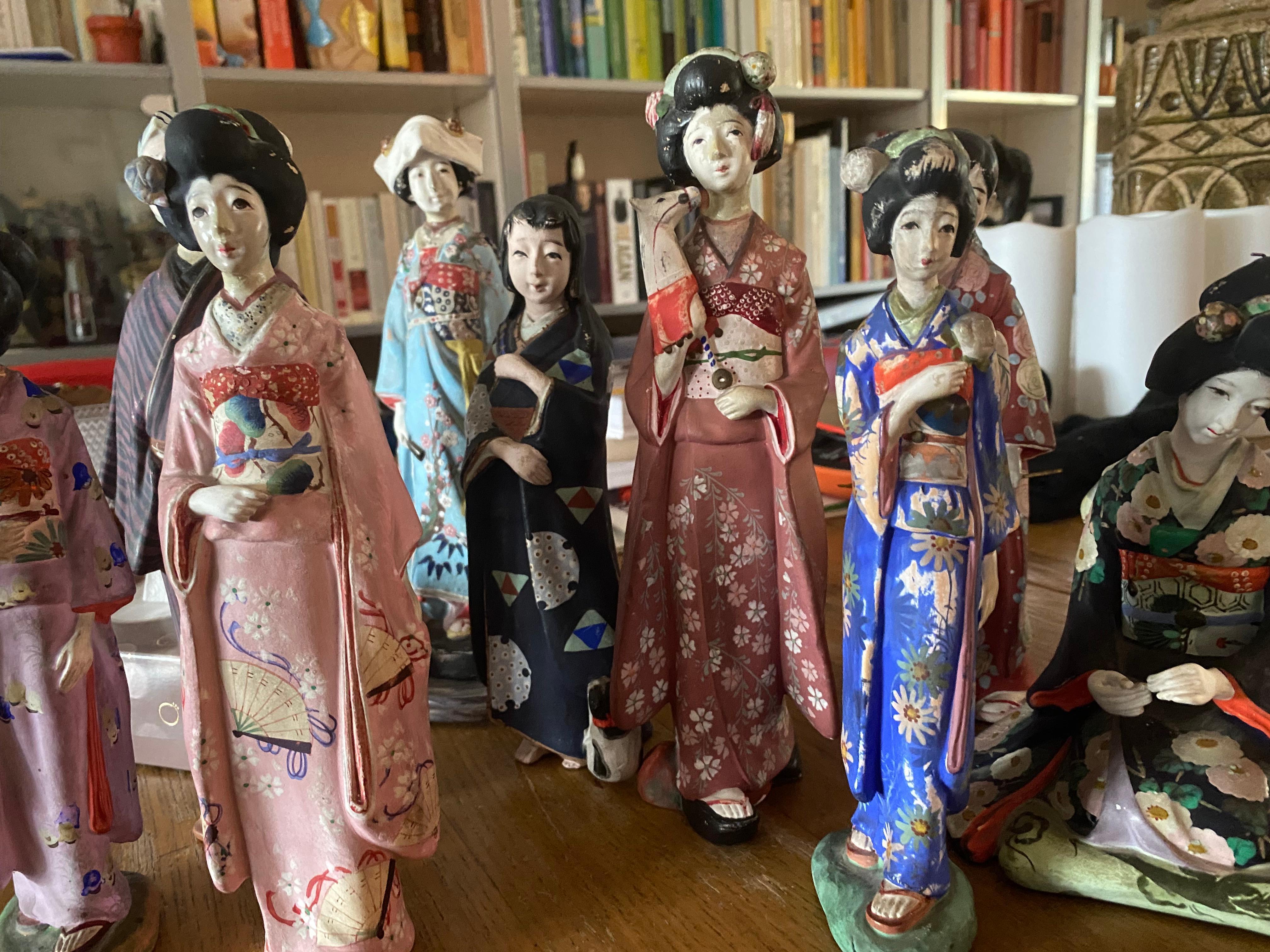 Hand-Painted Japanese Figurines 1950s (9 pcs: 1 male and 8 females)