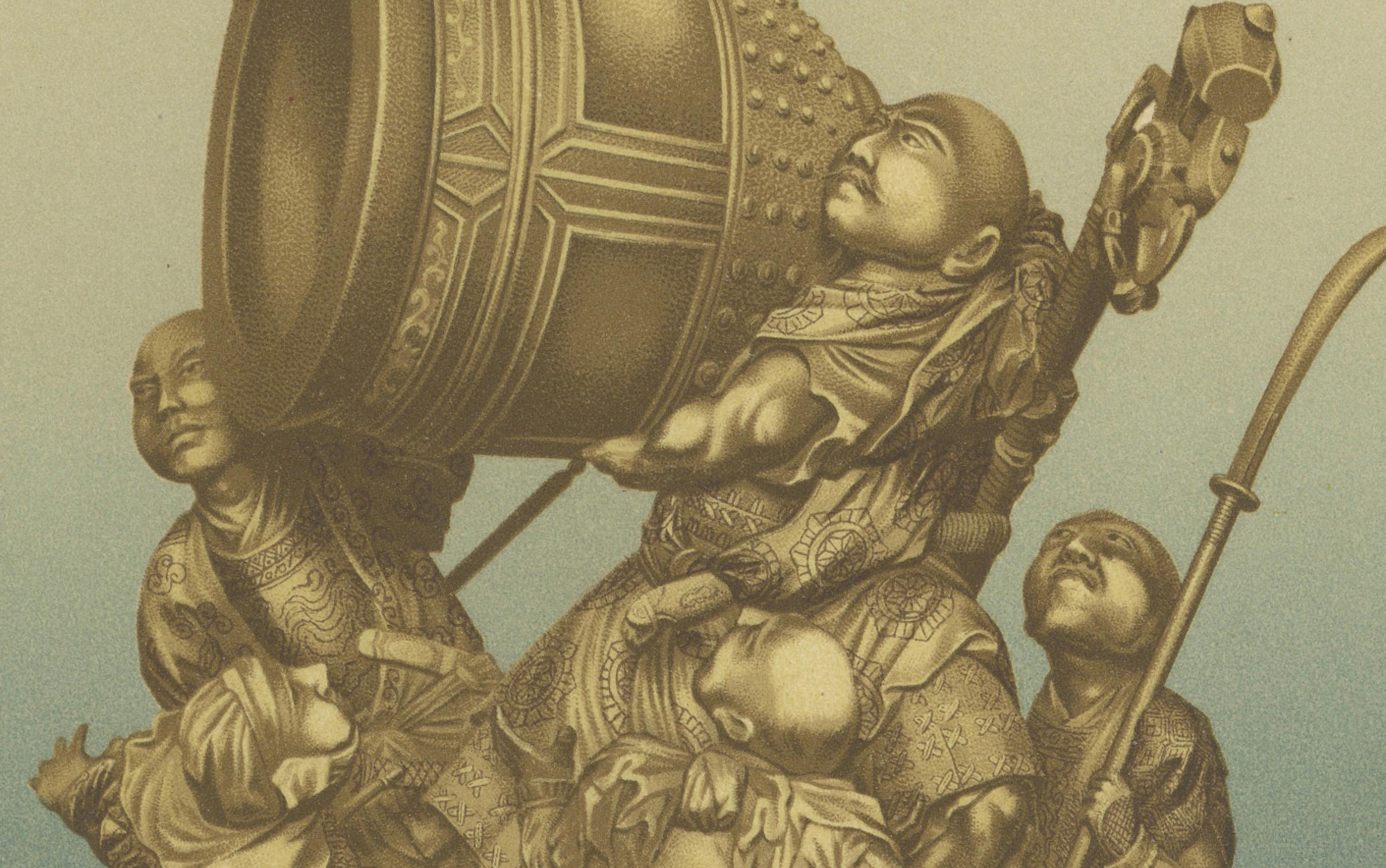 Title: Japanese Figurines Depicting Warriors, Deities, and Everyday Scenes – Plate III, Section VIII

Description: This lithograph from Plate III, Section VIII, presents two rows of Japanese figurines, showcasing a range of themes from ceremonial