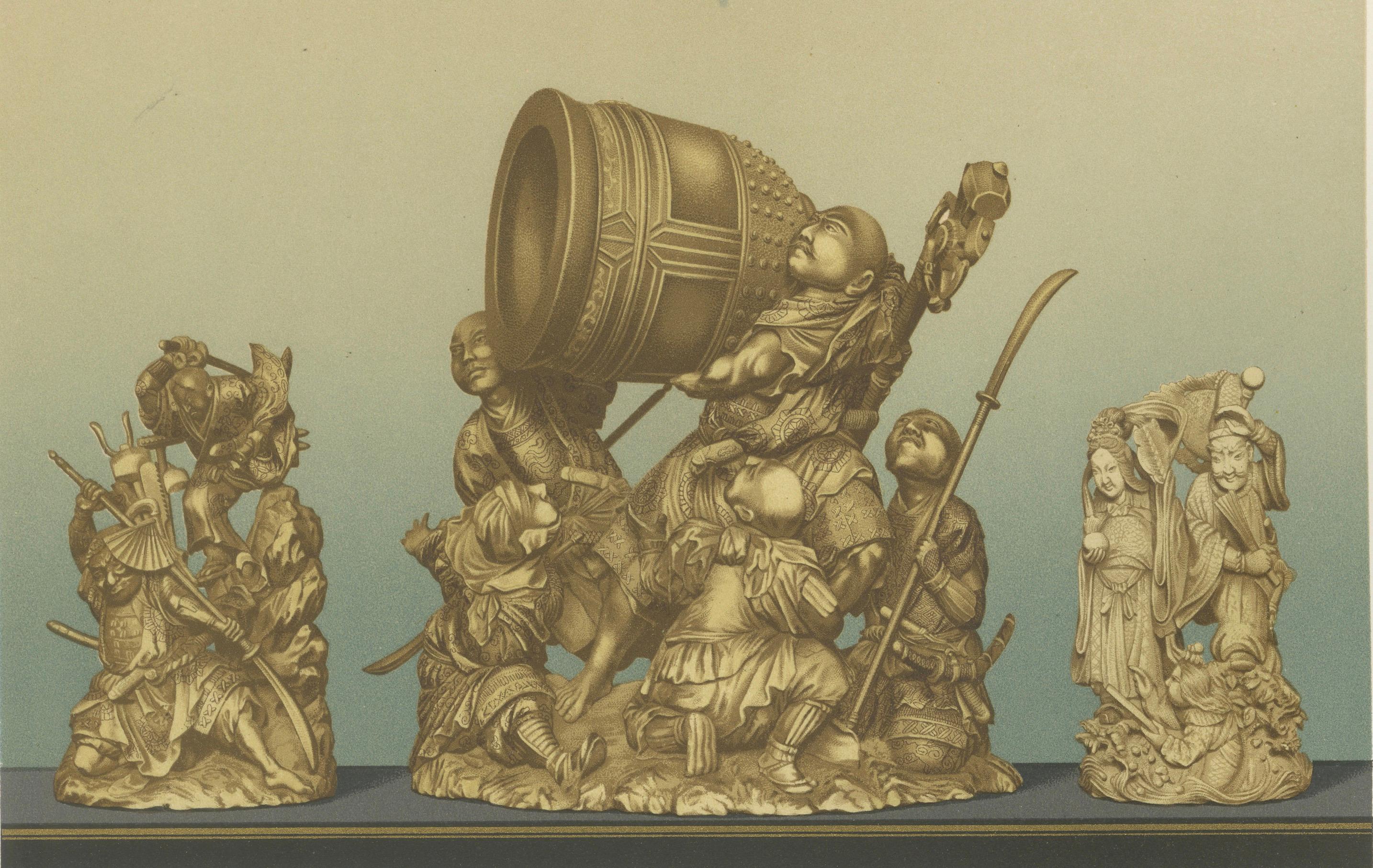 Late 19th Century Japanese Figurines Depicting Warriors, Deities and Everyday Scenes in Art, 1884 For Sale