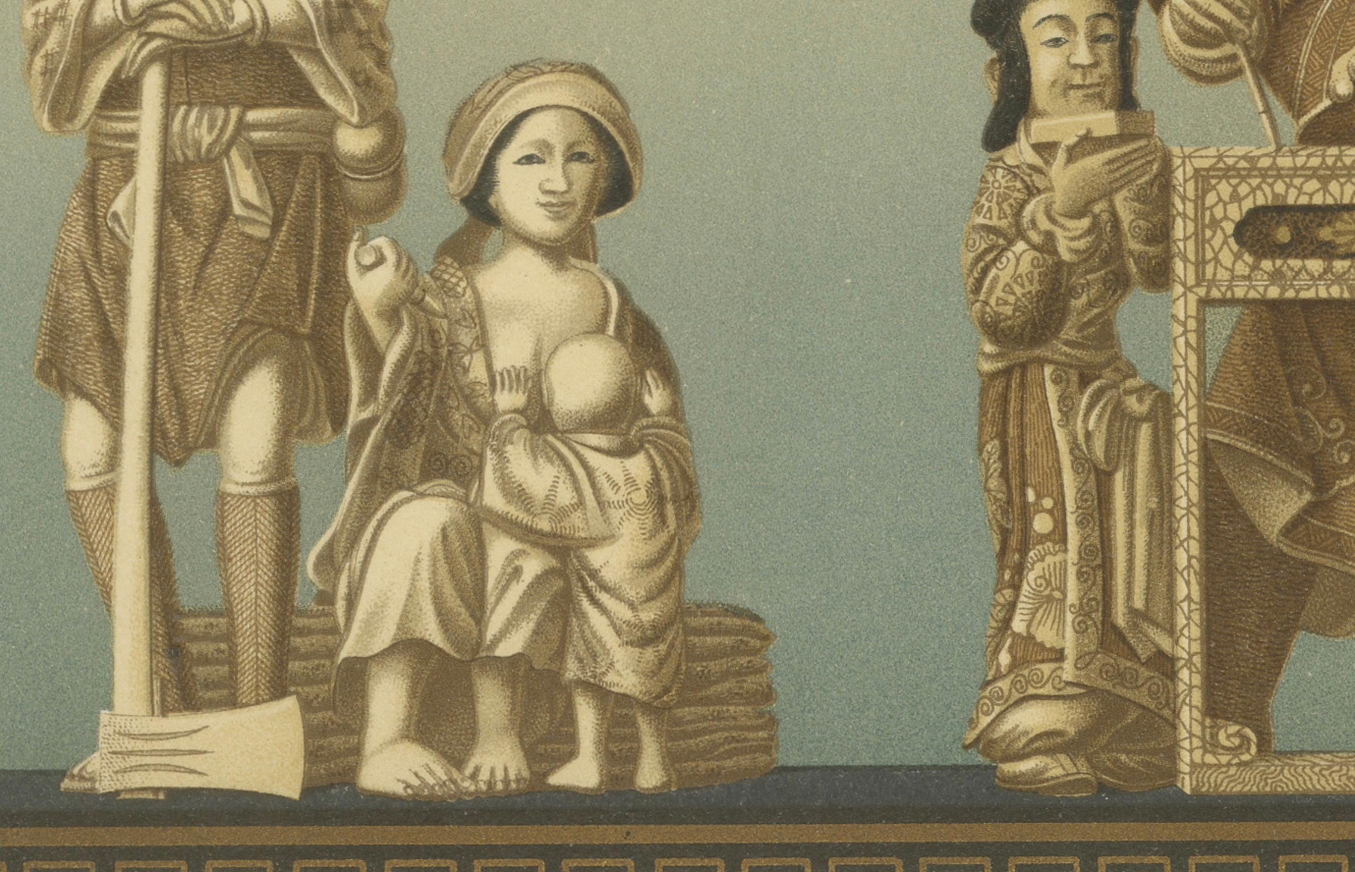 Titolo: Figurine giapponesi che illustrano scene mitologiche, cerimoniali e quotidiane - Piatto IV, Sezione VIII

Descrizione: Questa litografia tratta dalla lastra IV, sezione VIII, mostra due file di statuette giapponesi che raffigurano scene di