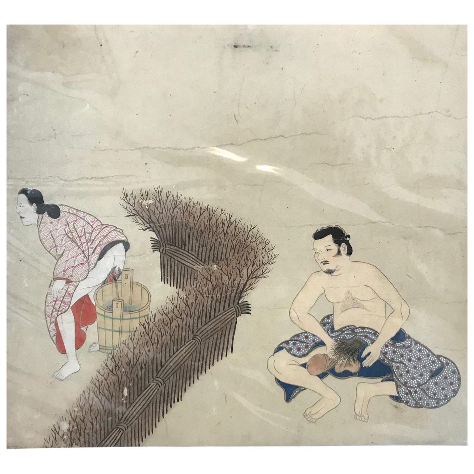 Japanese Fine and Early "Shunga" Tosa School Erotic Humor Painting, circa 1700