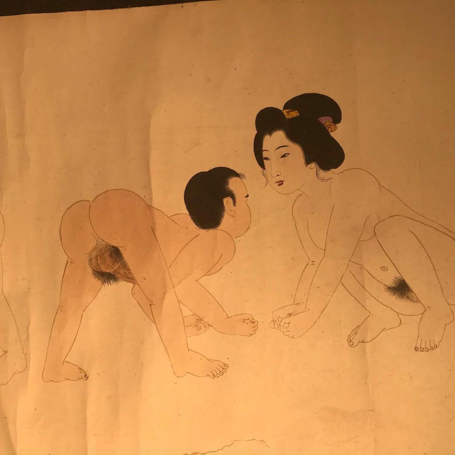From our most recent Japanese Acquisitions Travels.

Here's a rare find.

This very fine authentic Japanese hand-painted Shunga erotic scene on silk hand scroll is an elusive one of a kind. According to reliable sources, this artist's works are