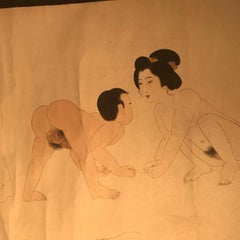 Japanese Fine and Rare "Shunga" Erotic Hand Scroll, Brilliant Colors