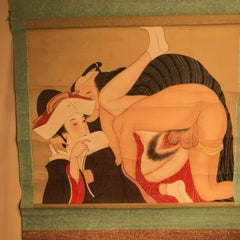 Japanese Fine and Rare "Shunga" Hanging Scroll, Signed and Boxed