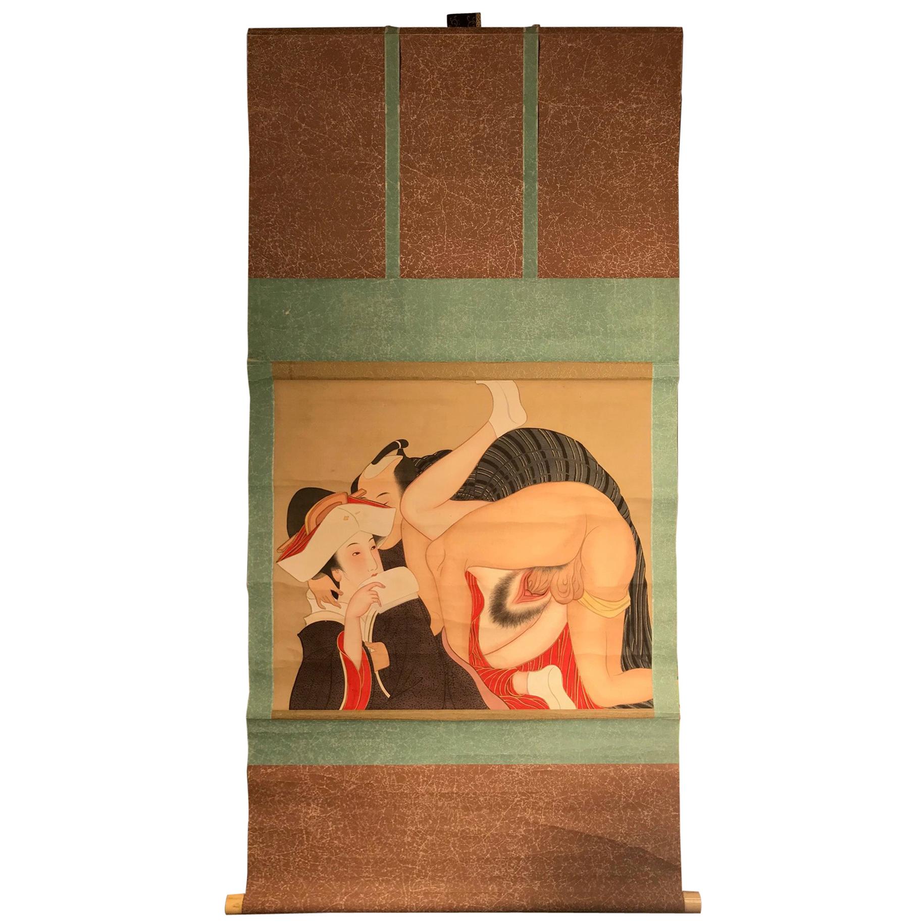 Japanese Fine and Rare "Shunga" Hanging Scroll, Signed and Boxed