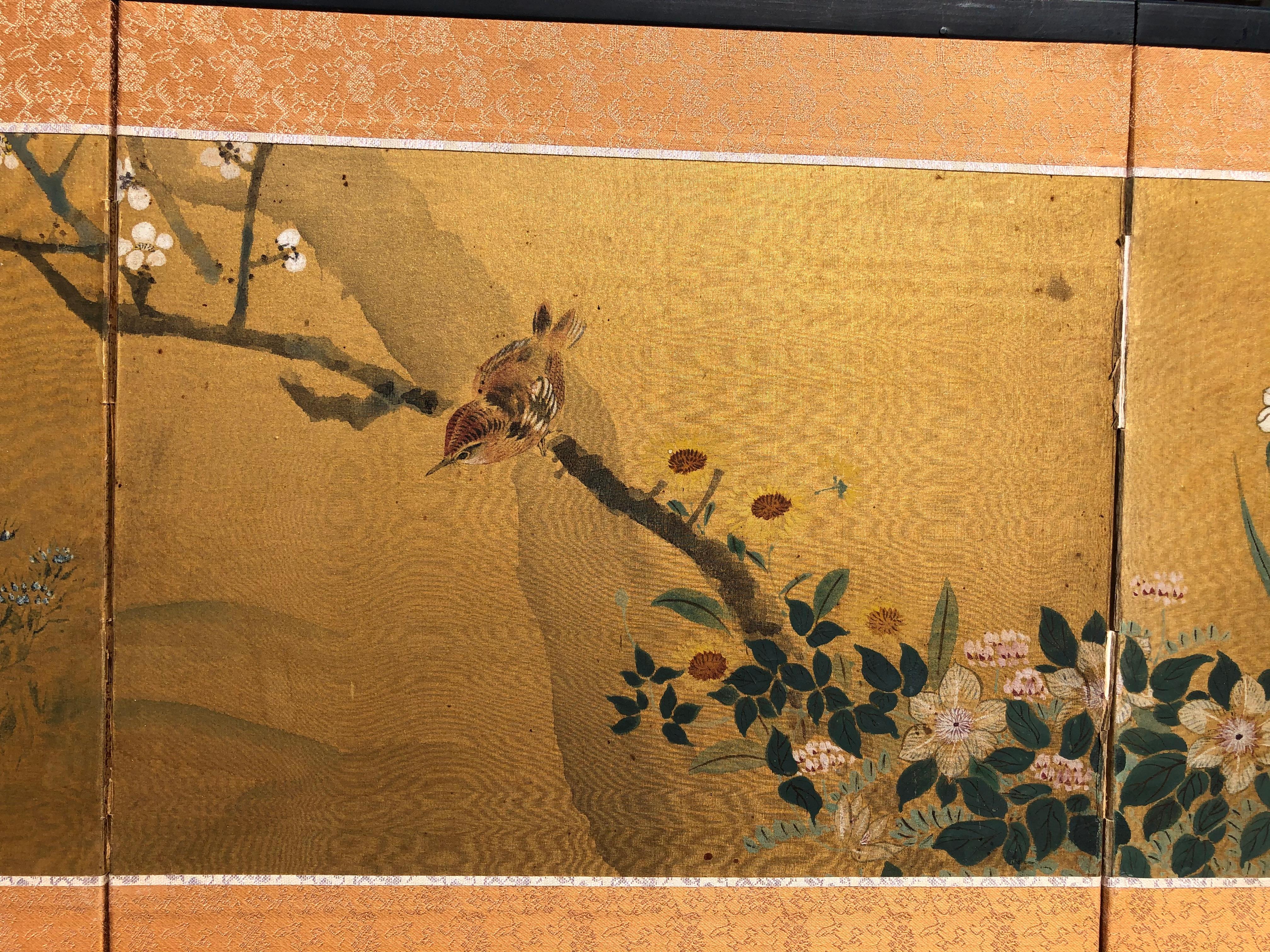 Hand-Painted Japanese Fine Antique Birds, Fish, and Flowers Hand Painted Screen
