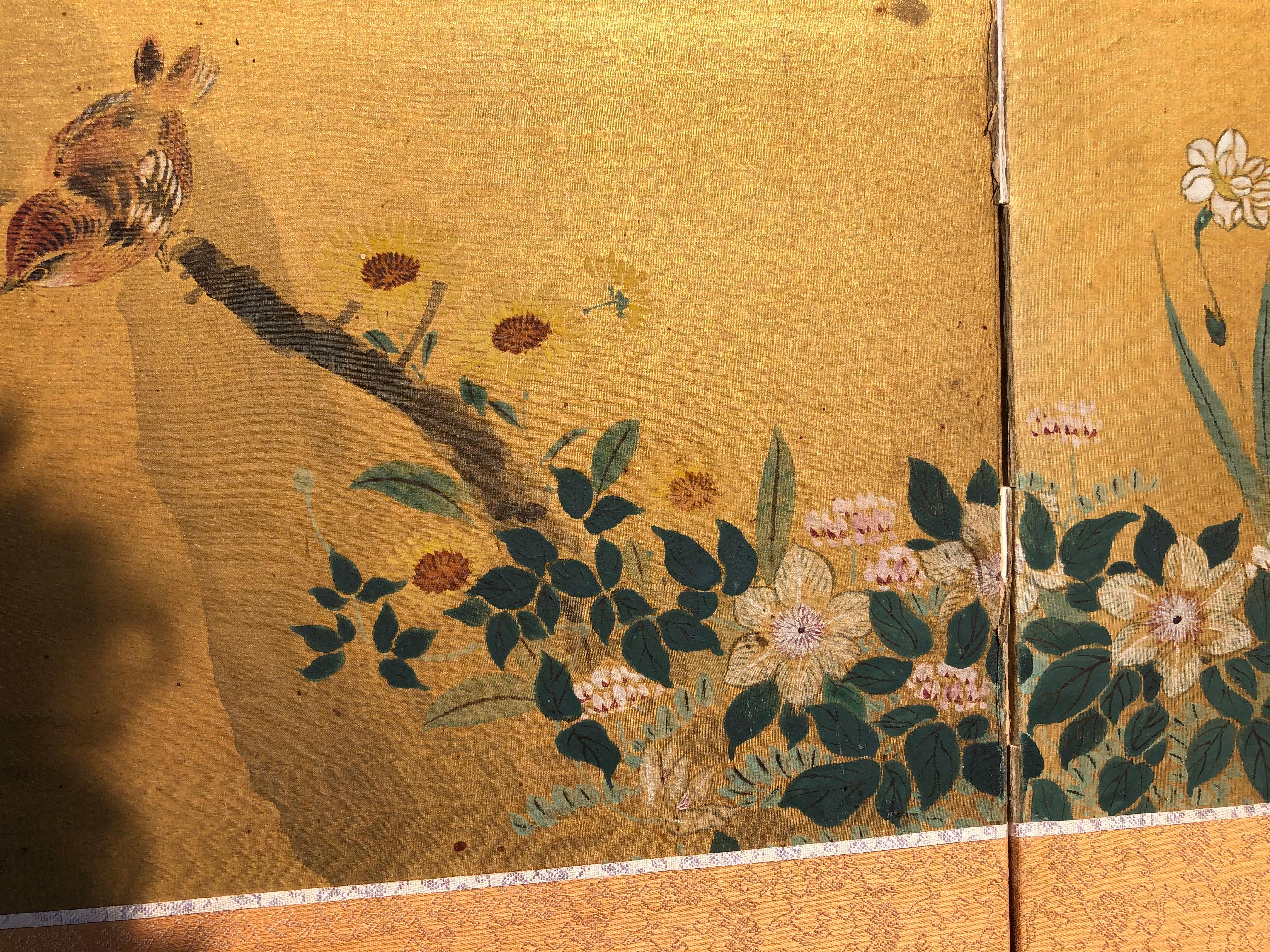 20th Century Japanese Fine Antique Birds, Fish, and Flowers Hand Painted Screen
