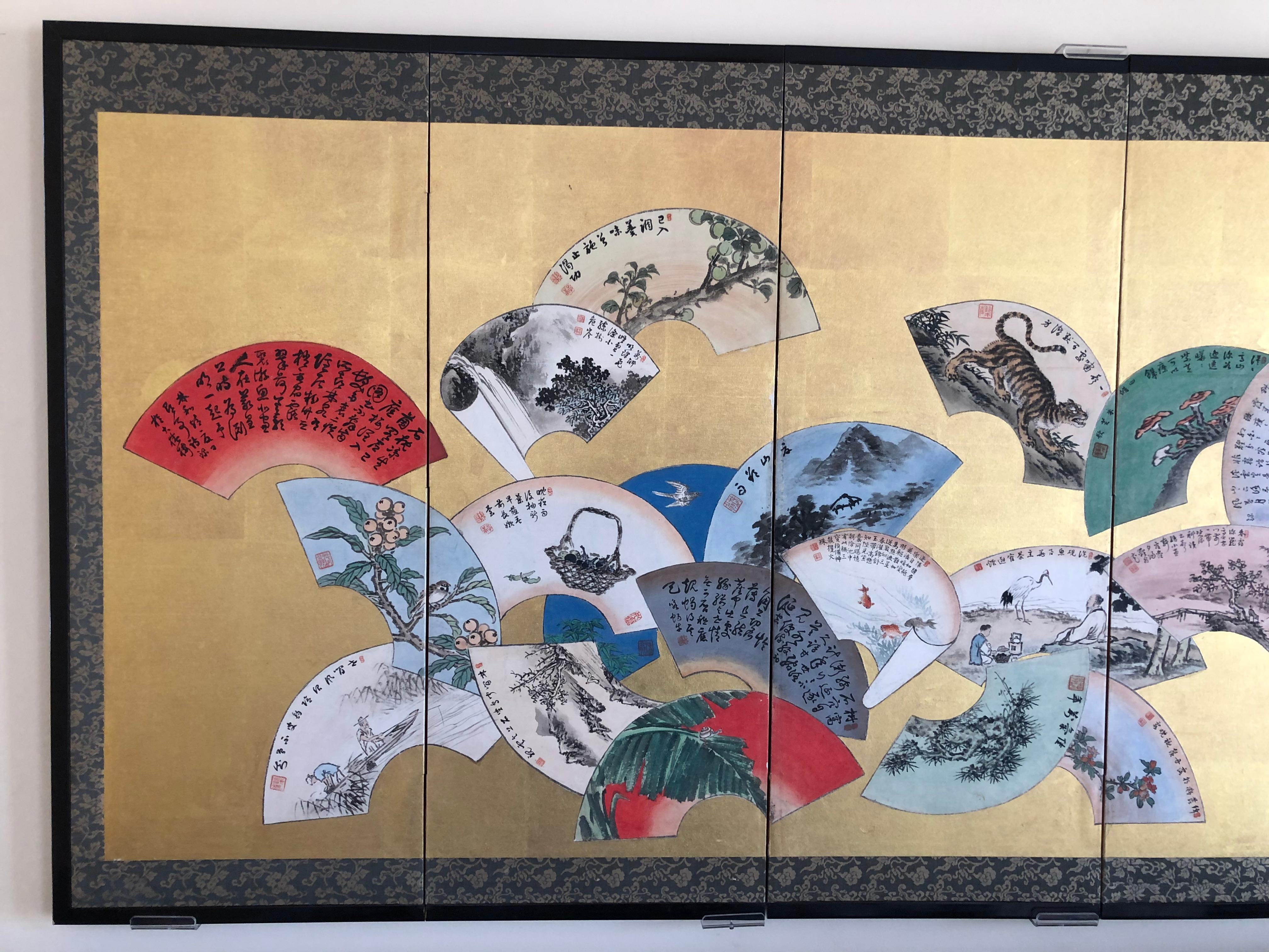 A fine early small scale Japanese hand-painted six-panel folding screen byobu conceived in a unique 