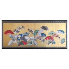 Retro Japanese Fine Birds, Fish, Dragon & Flowers "Fan" Hand Painted Screen