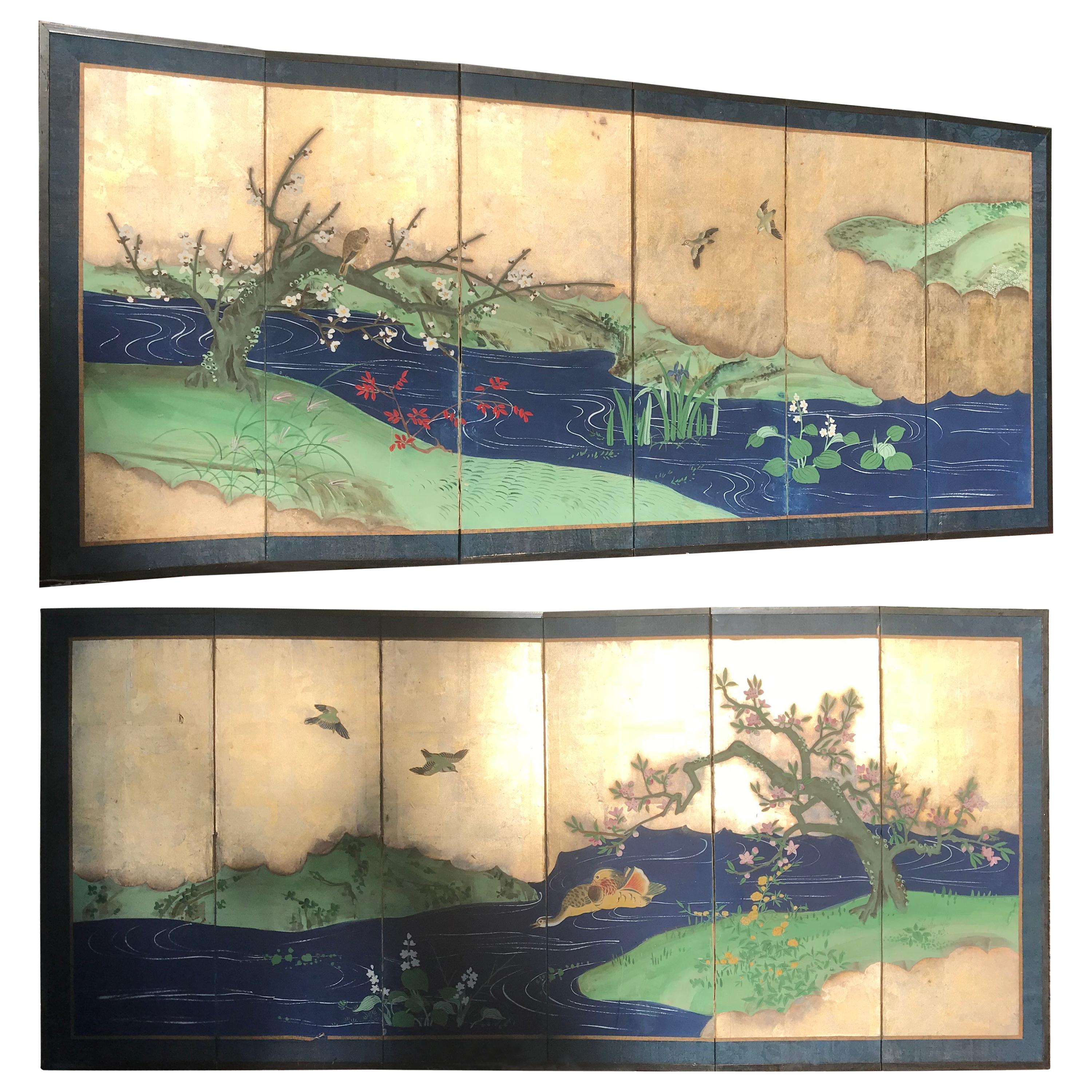 Japanese Fine Antique Blue and Gold "Bird & Flowers" Hand-Painted Screens, Pair