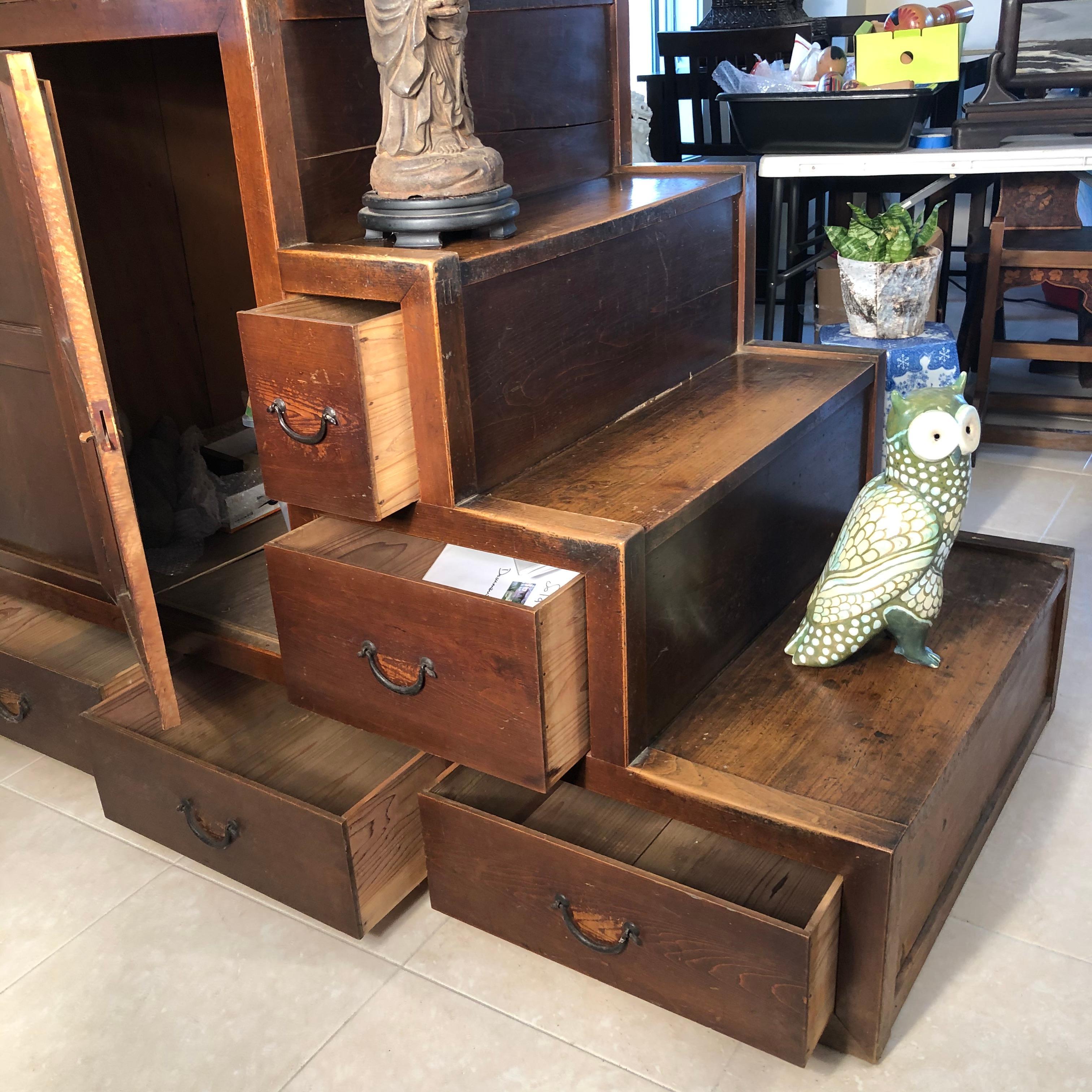 19th Century Japanese Fine Antique Cabinet Step Tansu, Meiji Period, 1870s-1890s, Fab Storage