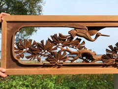 Japanese Fine Antique Hand Carved "Flying Crane & Trees" Screen