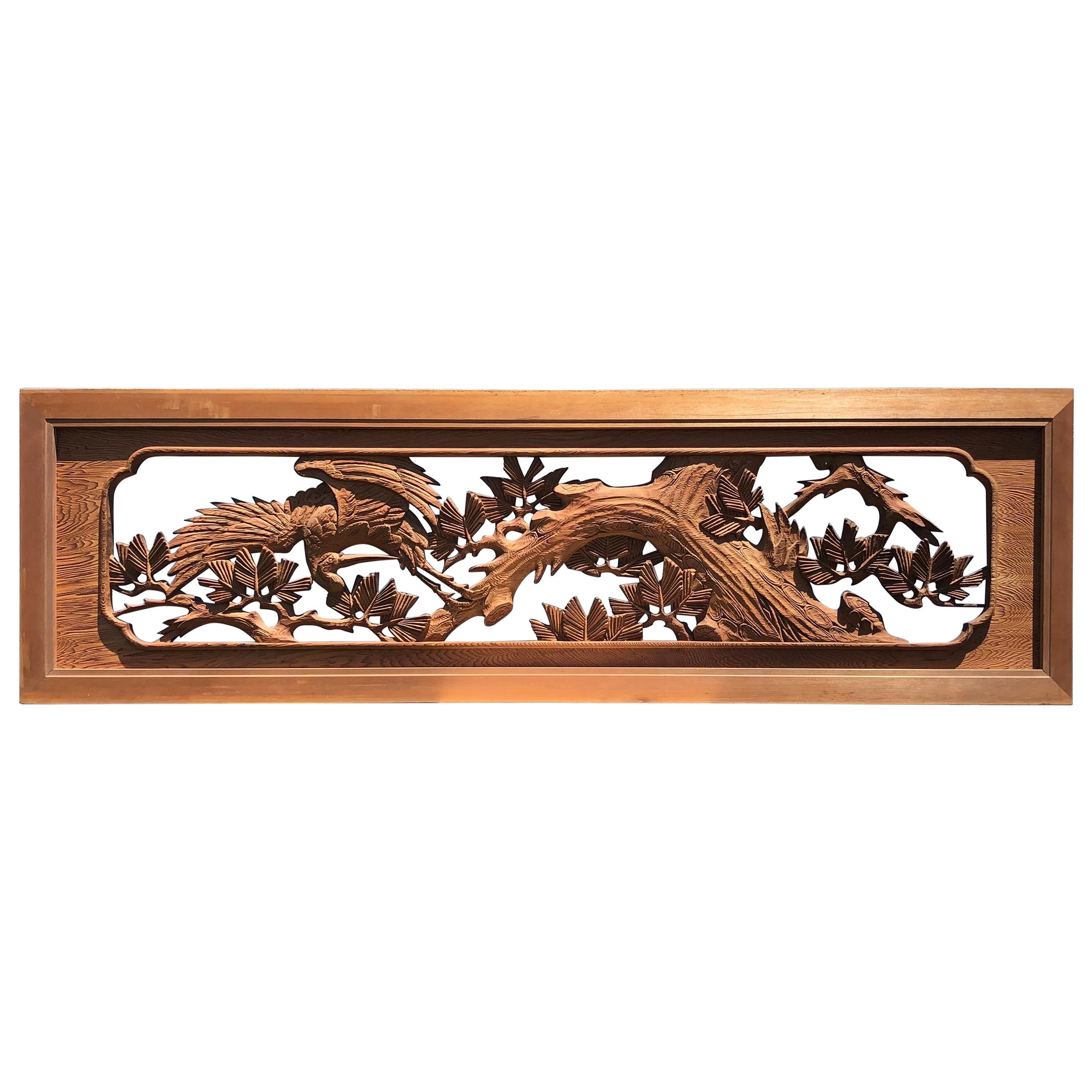 Japanese Fine Antique Hand Carved "Flying Crane & Trees" Screen