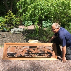 Japanese Fine Antique Hand-Carved "Flying Cranes Sun & Clouds" Screen, Signed