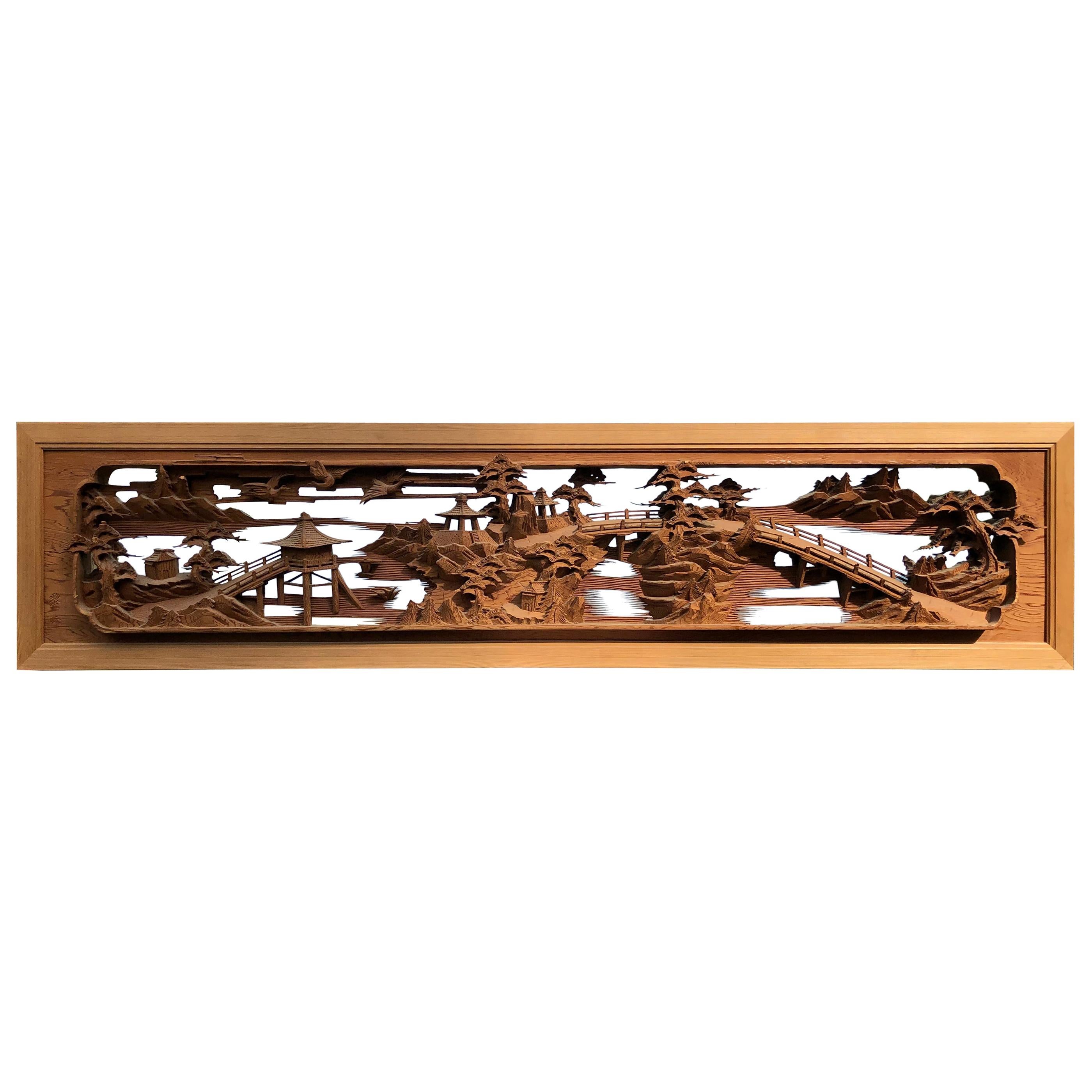 Japanese Fine Antique Hand Carved "Panoramic Garden 
Long Bridge" Screen Signed