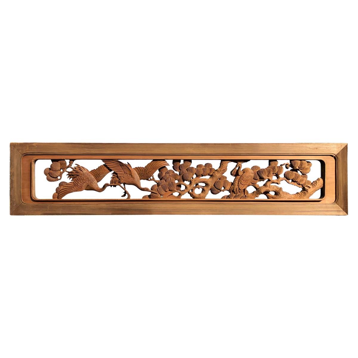 Japanese Fine Antique Hand Carved "Two Flying Cranes 
Trees" Screen