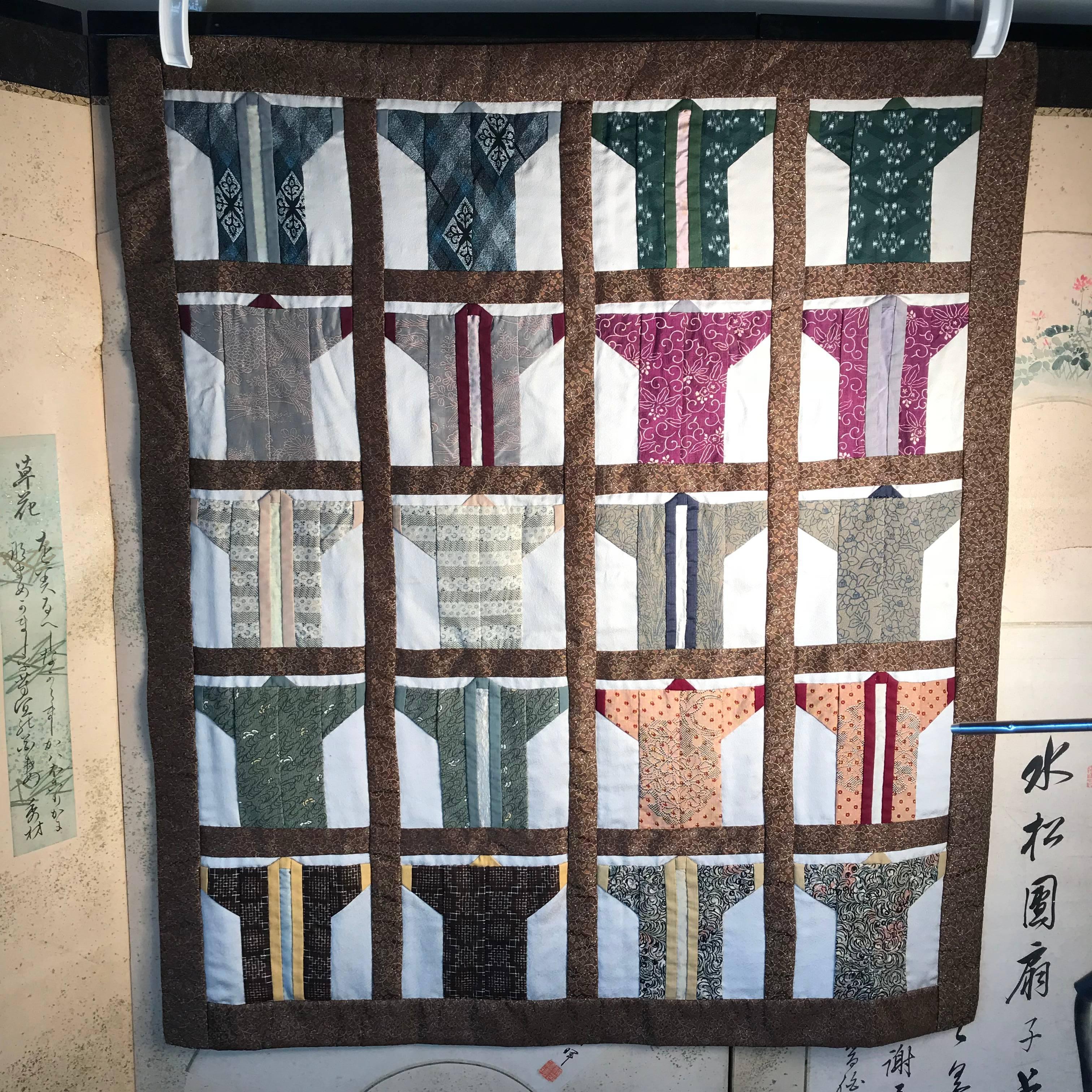 Showa Japanese Fine Vintage Hand-Sewn Silk Kimono Quilt Wall Art Bold Colors