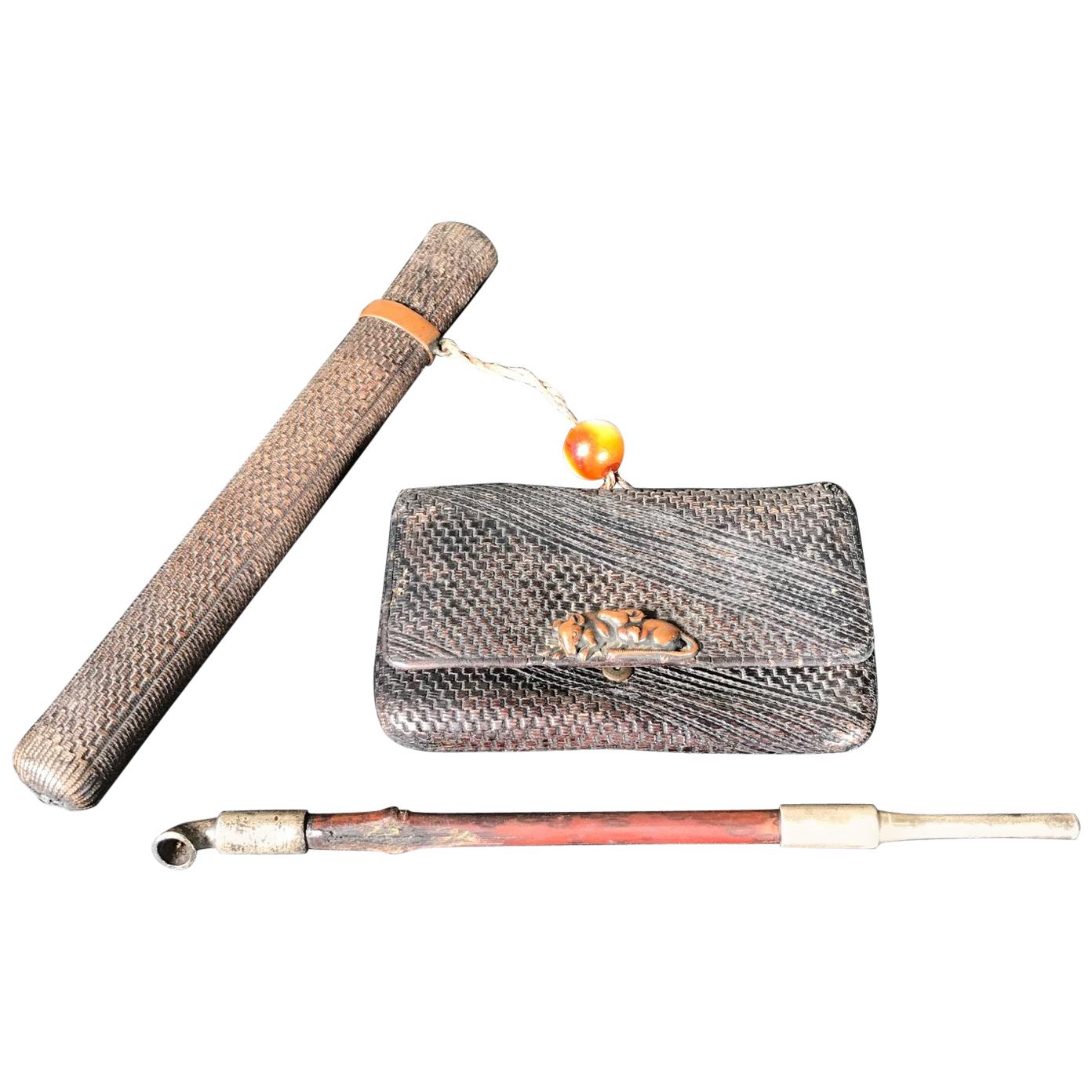 Japanese Fine Antique Kiseru Pipe, Pouch, Slipcase, Bead Ojime and Mice